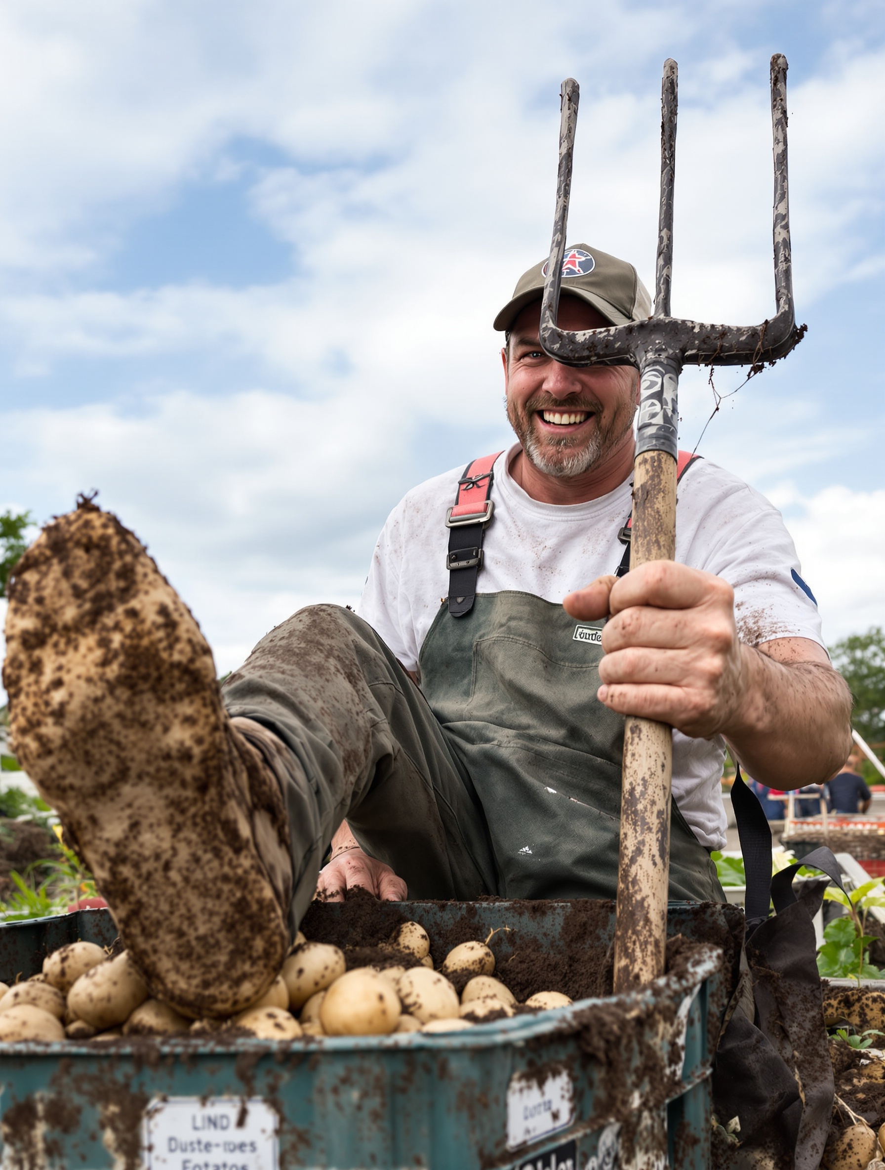 Jardinier amateur avec fourche et cagette de pommes de terre Bintje récoltées