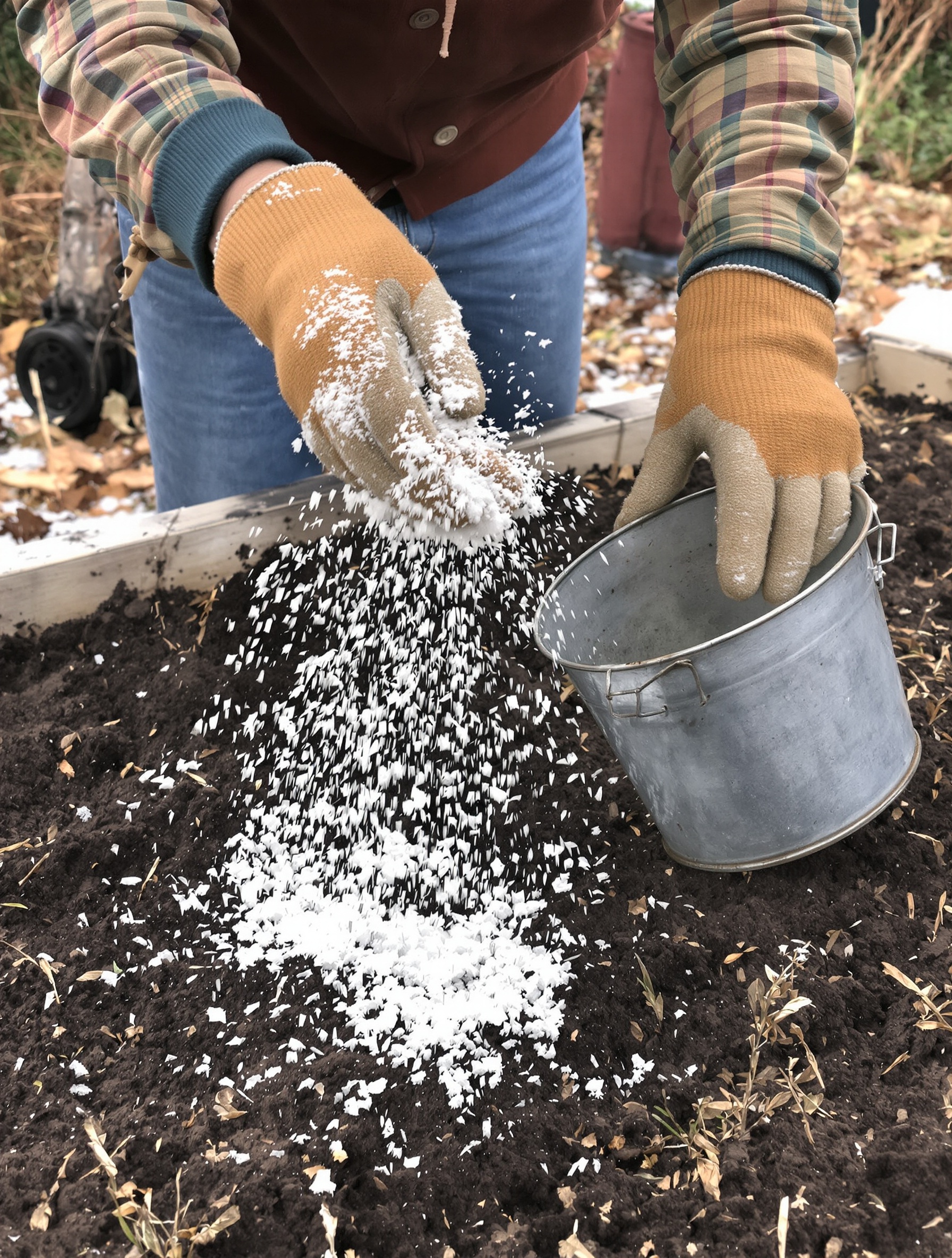 Un jardinier amateur bohème utilisant prudemment de la cendre blanche dans son potager en hiver.