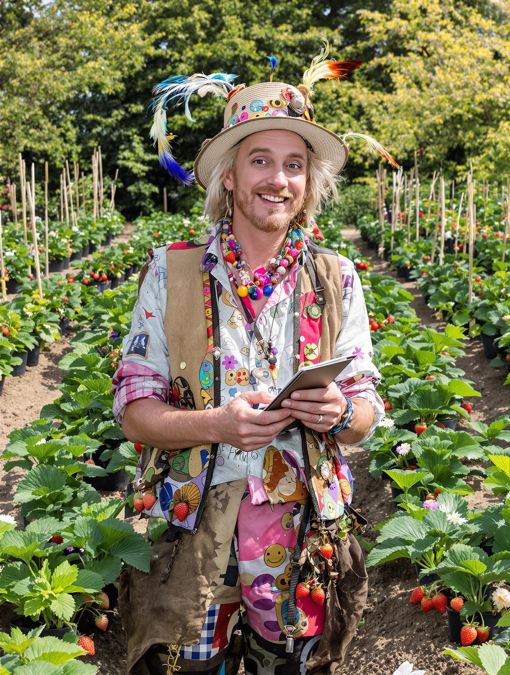 Jardinier entouré de fraisiers repiqués, bloc-notes à la main.