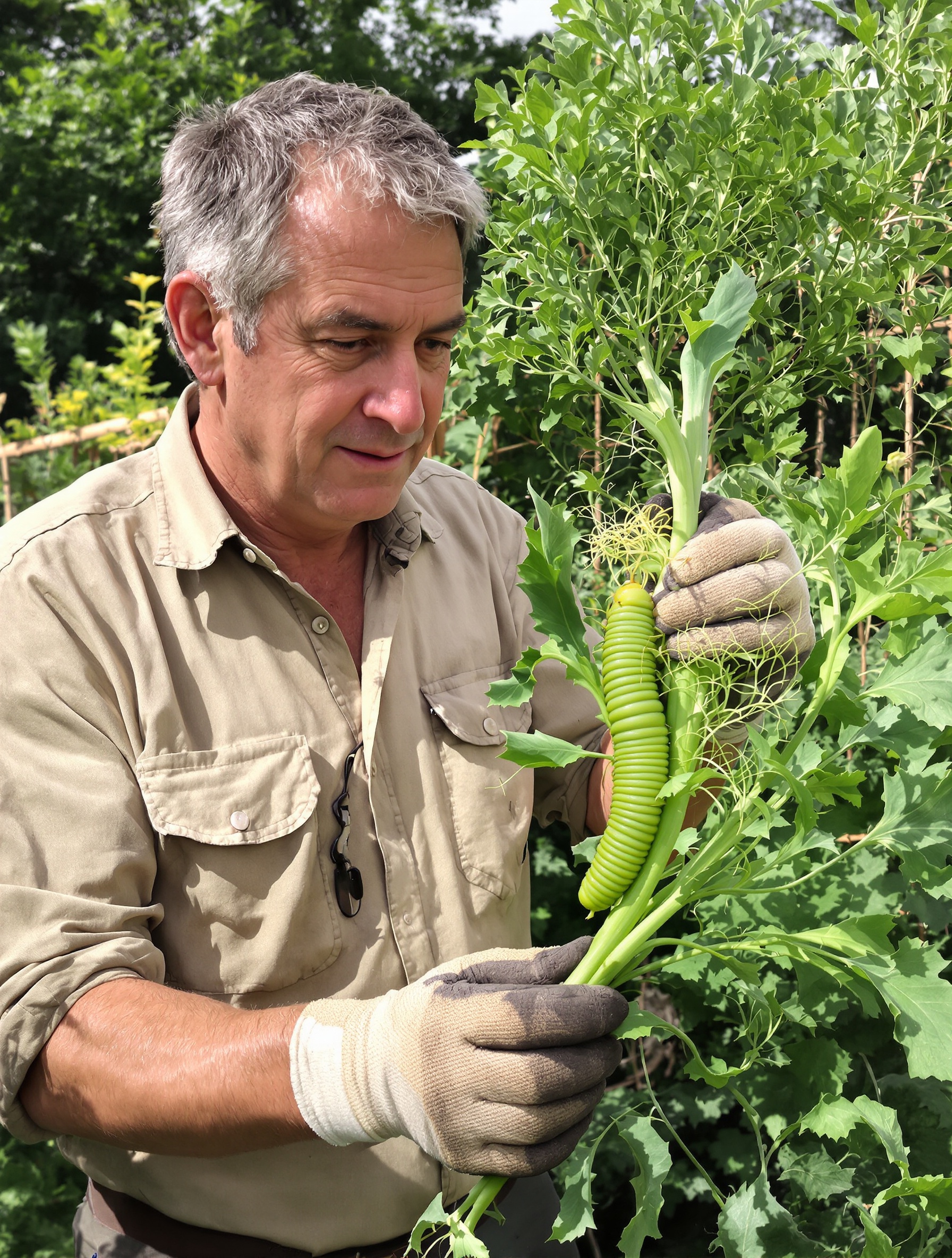 Jardinier déplaçant une chenille verte dans le potager