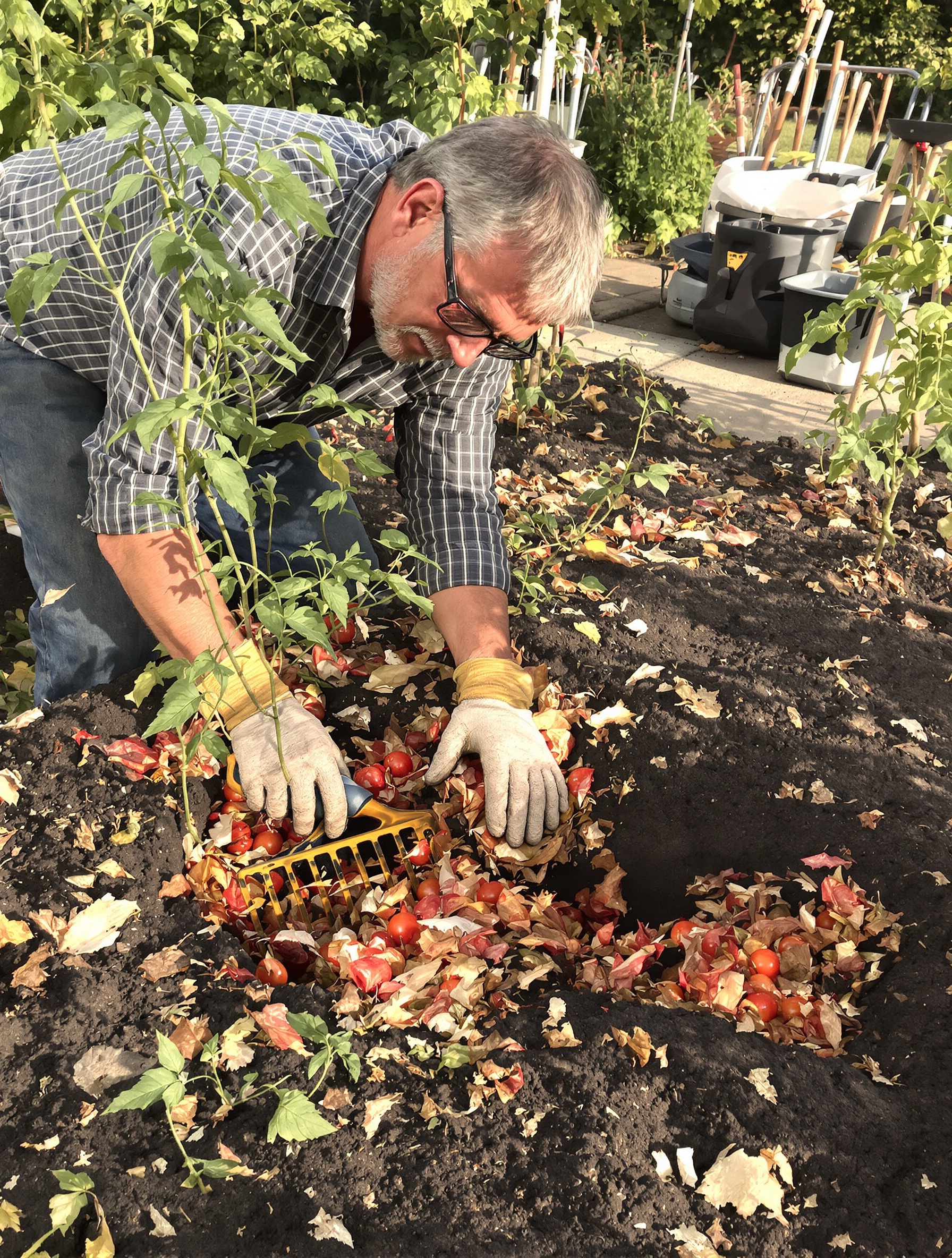 Jardinier retirant minutieusement les débris de plants de tomate malades du sol en fin de saison.