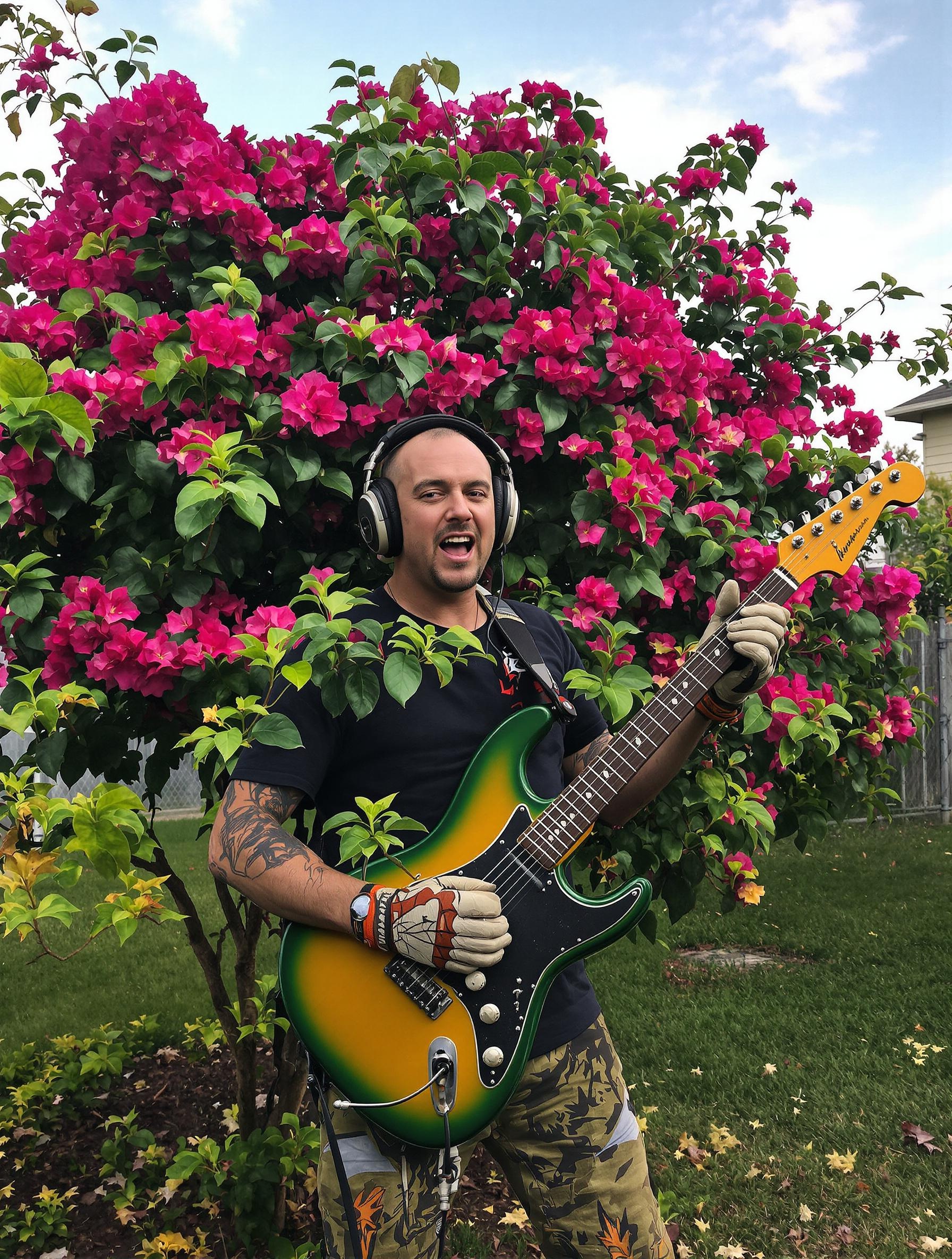 Jardinier excentrique taille un laurier-rose casque guitare électrique septembre
