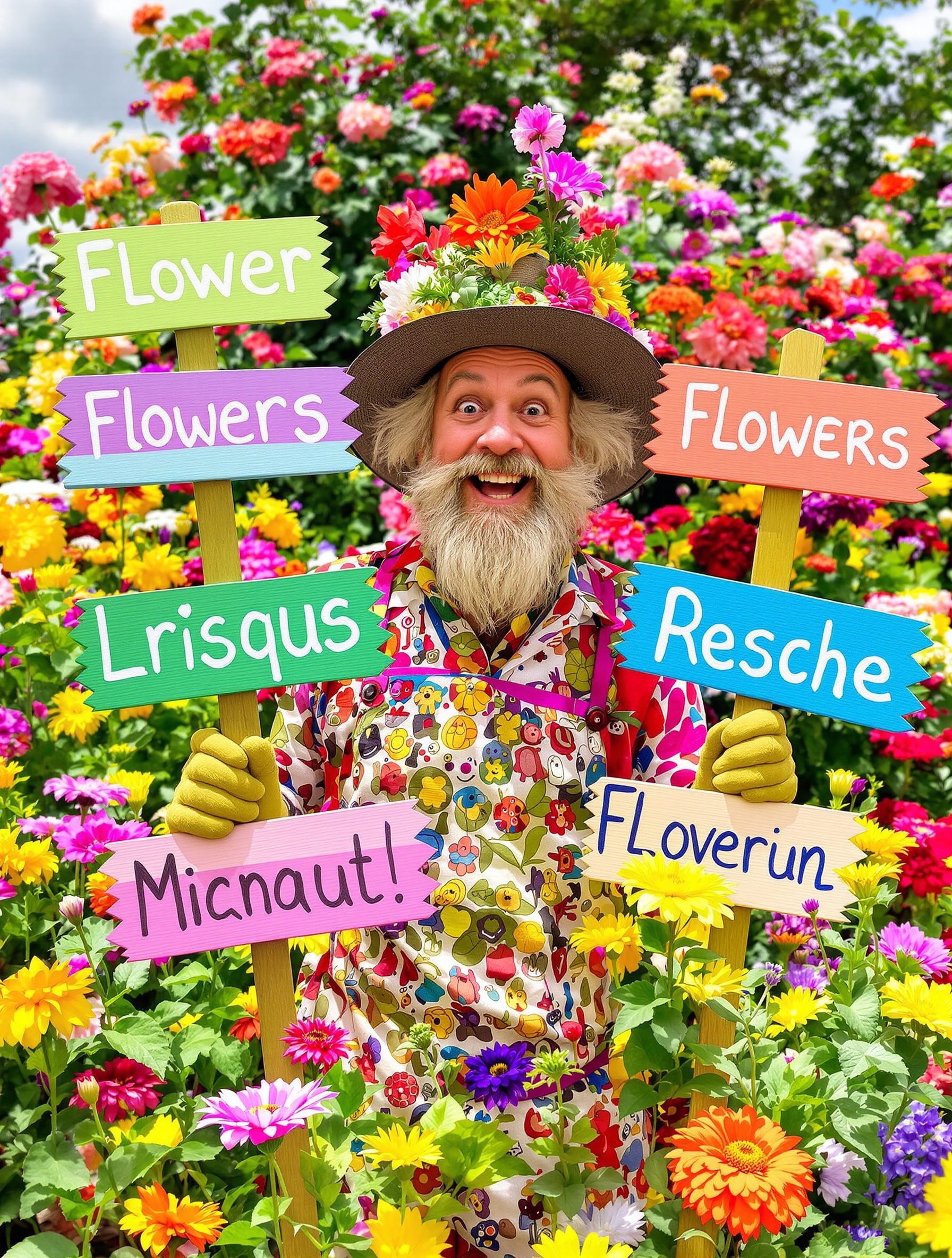Jardinier humoristique devant panneaux alphabet fleurs décalé
