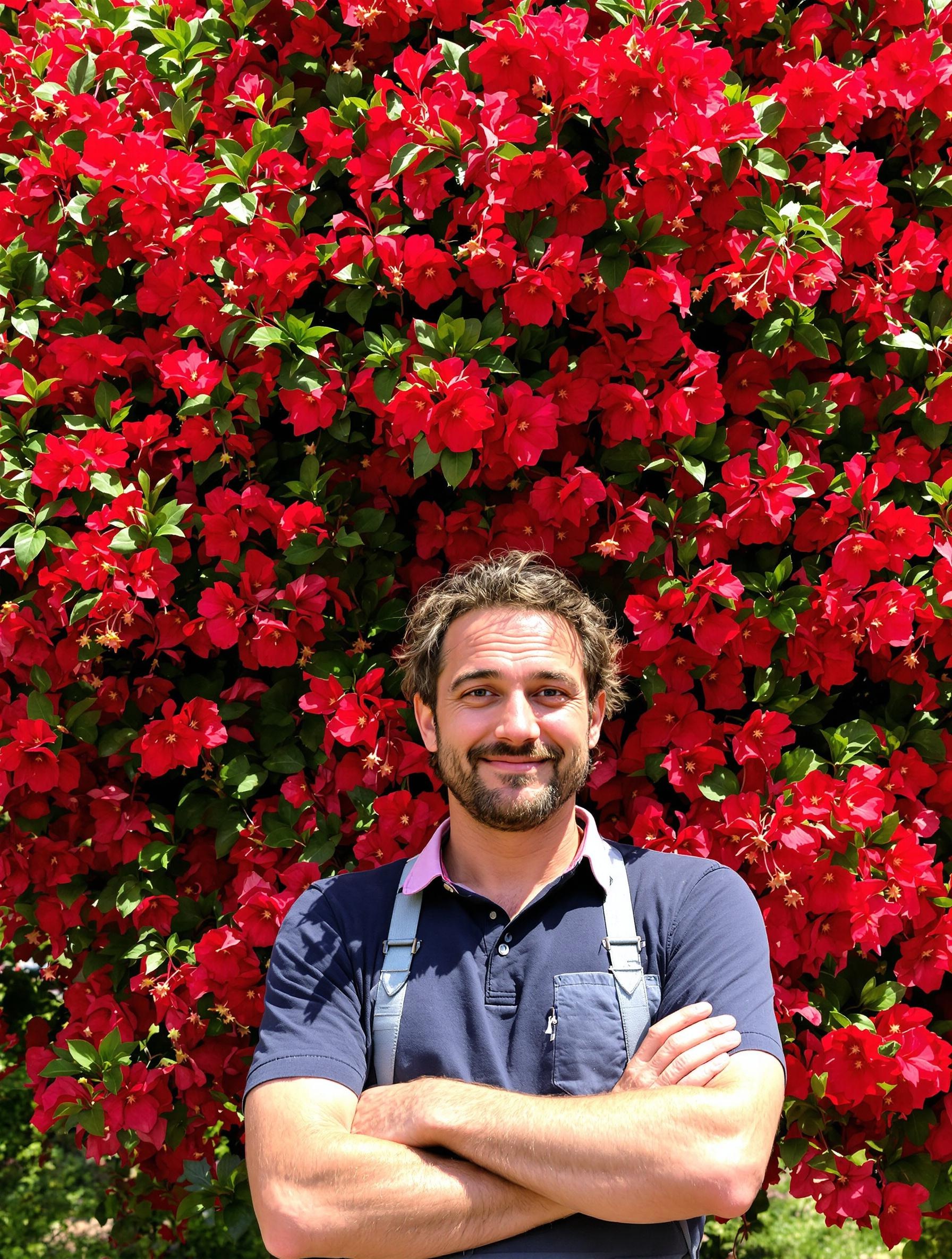 Jardinier admirant un flamboyant éclatant avec une pluie de fleurs rouges