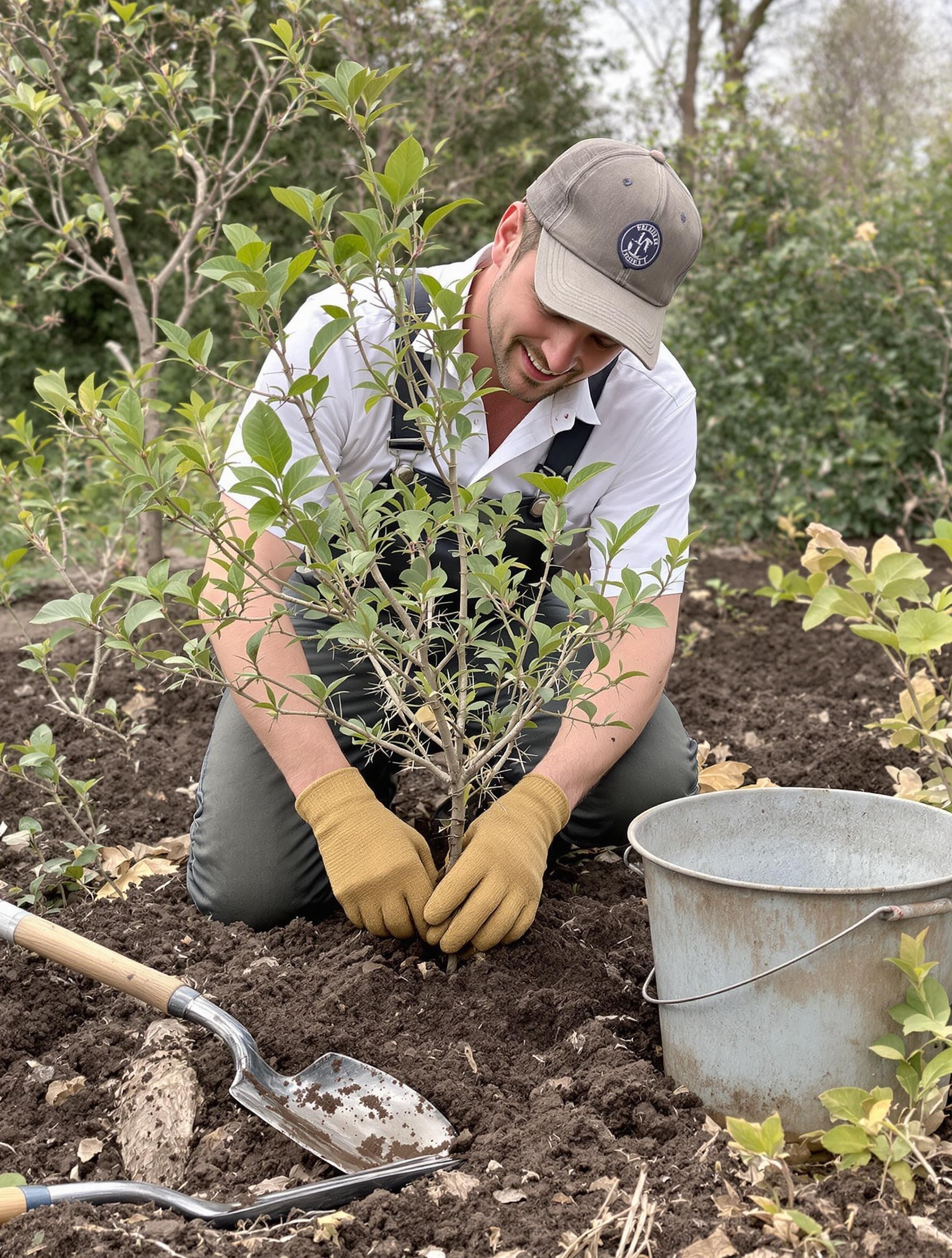 Jardinier avec des gants plantant un groseillier à maquereau épineux