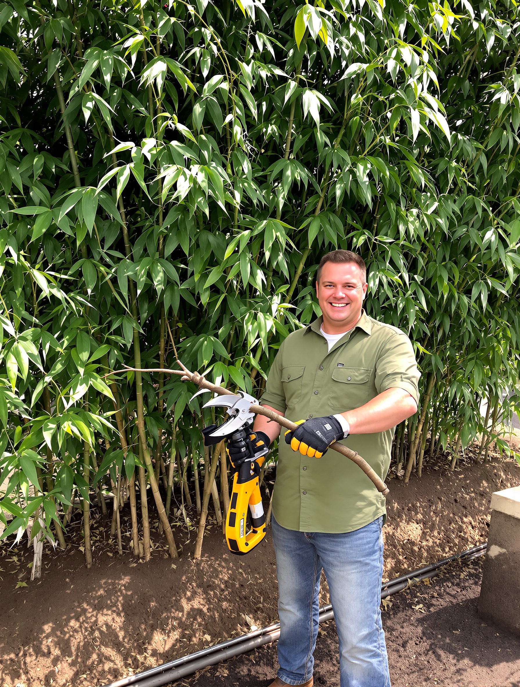Jardinier hilare coupe-branche devant touffe de bambous traçants et barrière anti-rhizome.