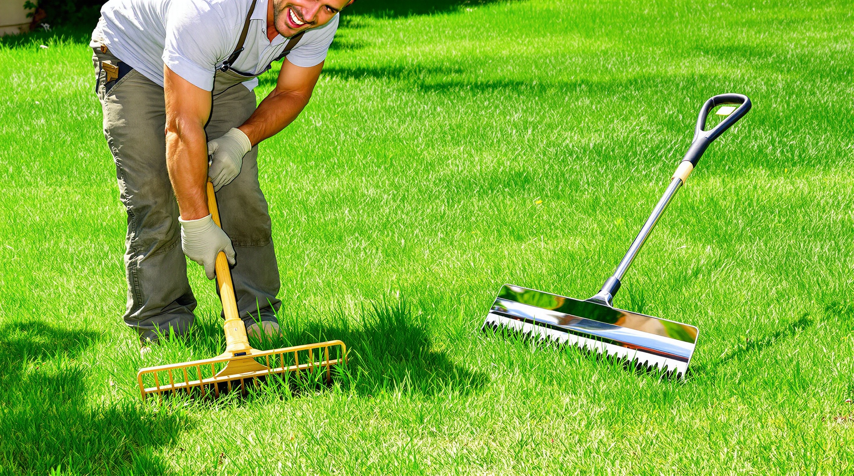Un jardinier costaud et souriant utilise un vieux râteau à l'ancienne sur une petite parcelle de pelouse, alors qu'à côté, un scarificateur moderne attend sur la pelouse principale. Ambiance humoristique, contraste d'efficacité visible.