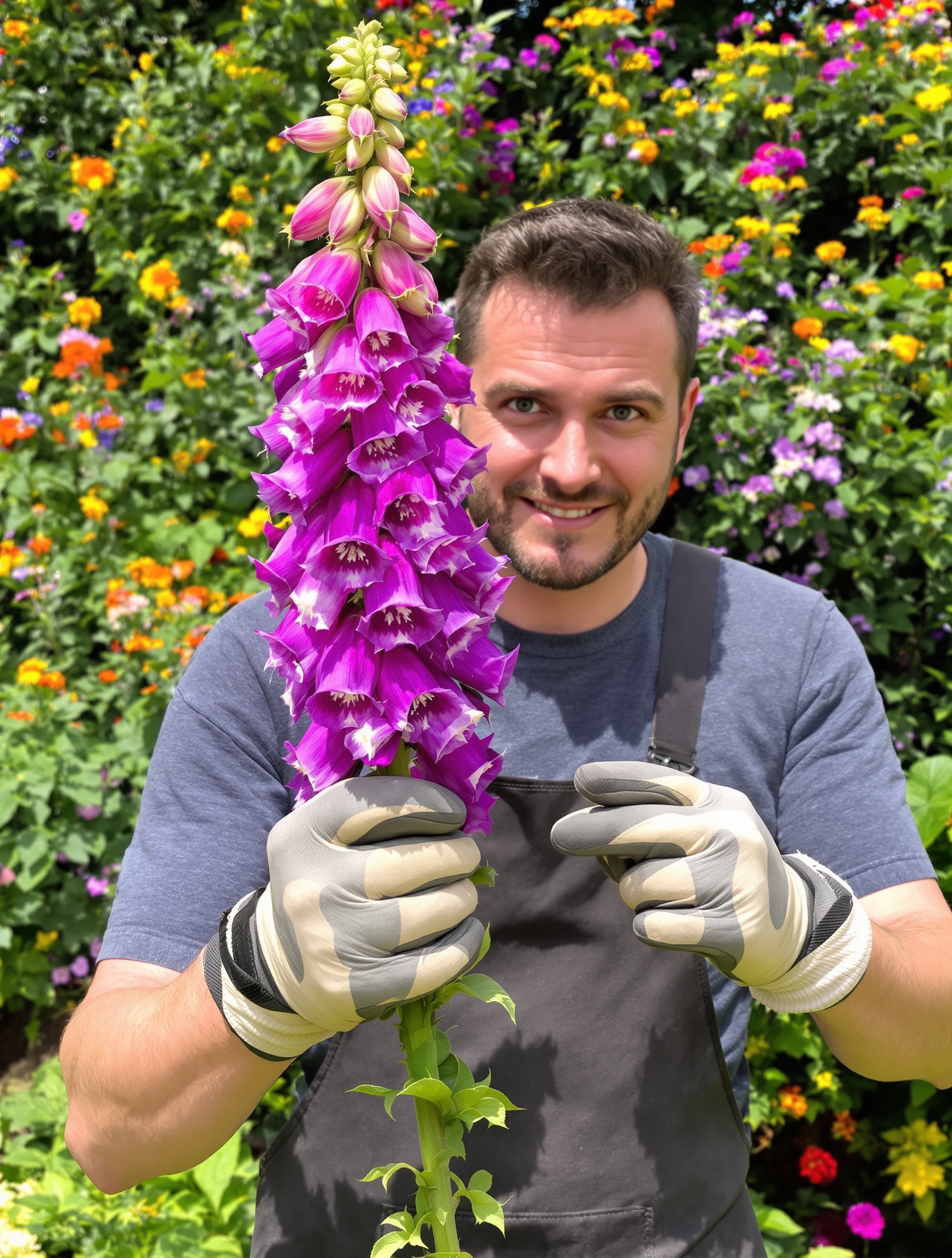 Jardinier sarcastique avec gants épais devant une digitale pourpre sauvage.