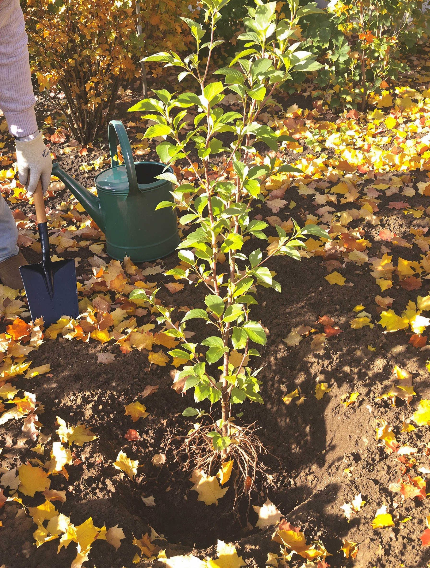 Plantation d'un jeune pommier Reine des Reinettes en automne.