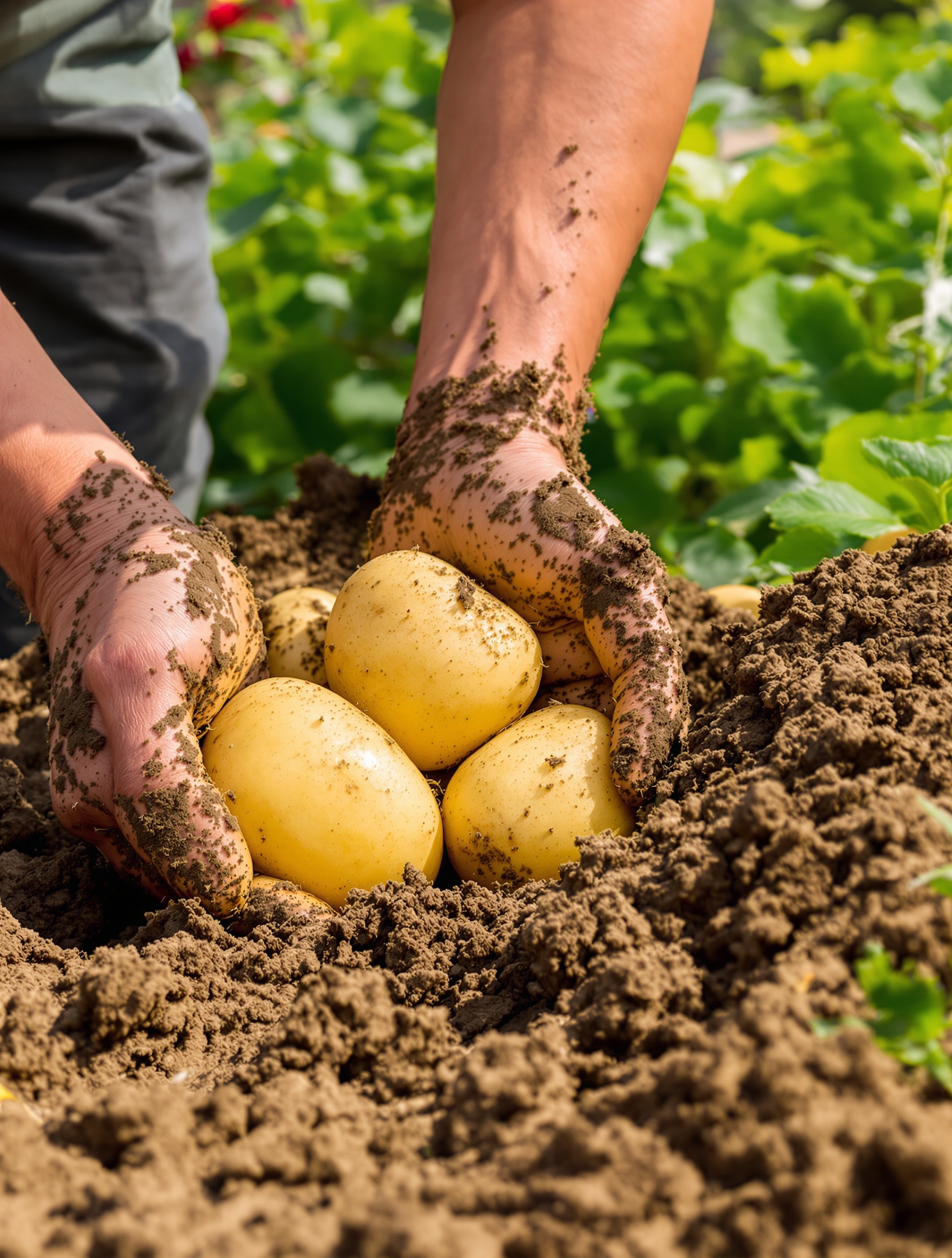 Un jardinier récoltant des pommes de terre Bintje à la main dans un sol meuble, avec des tubercules propres et de belle taille étalés à côté.