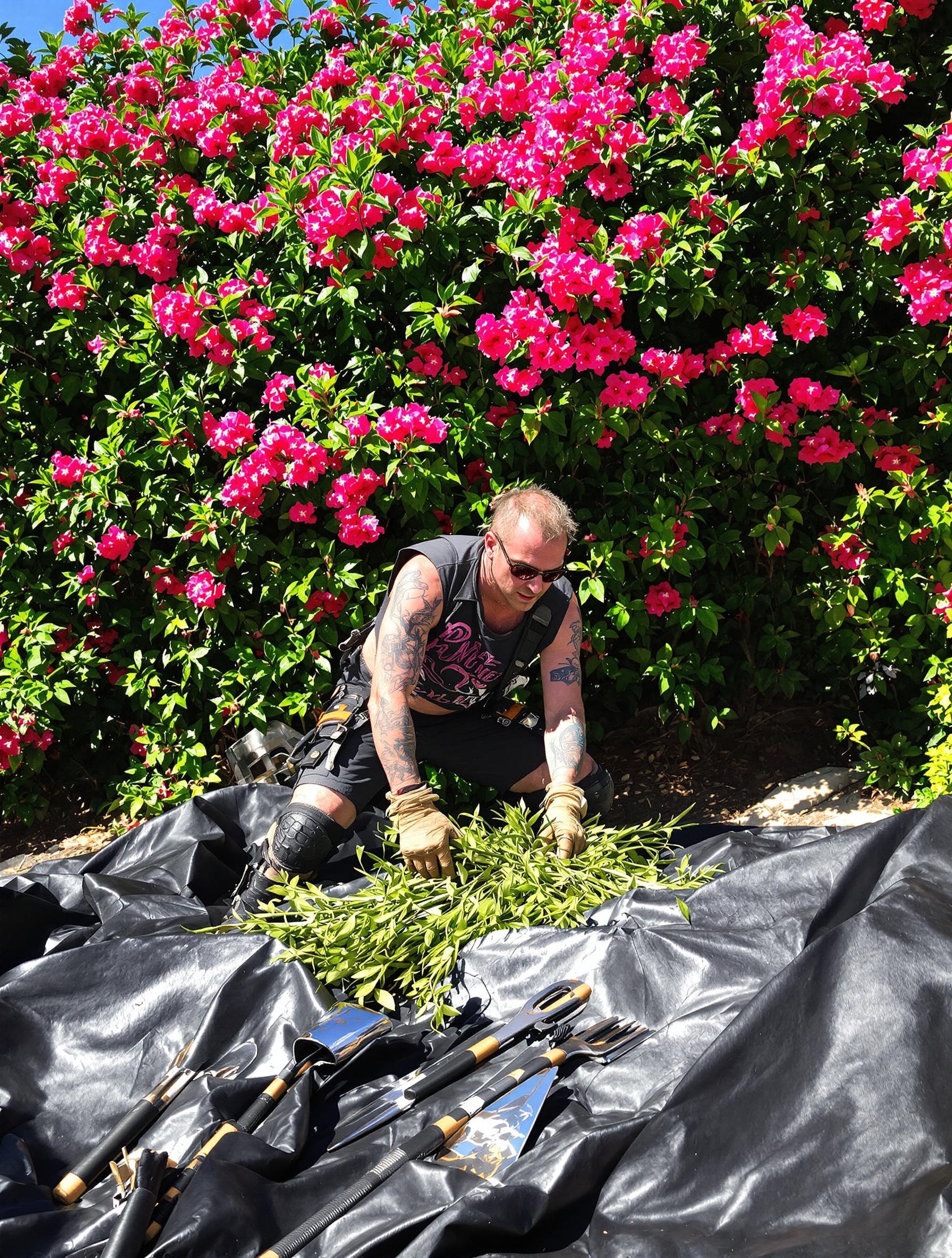 Jardinier excentrique prépare bâche et outils avant taille laurier-rose