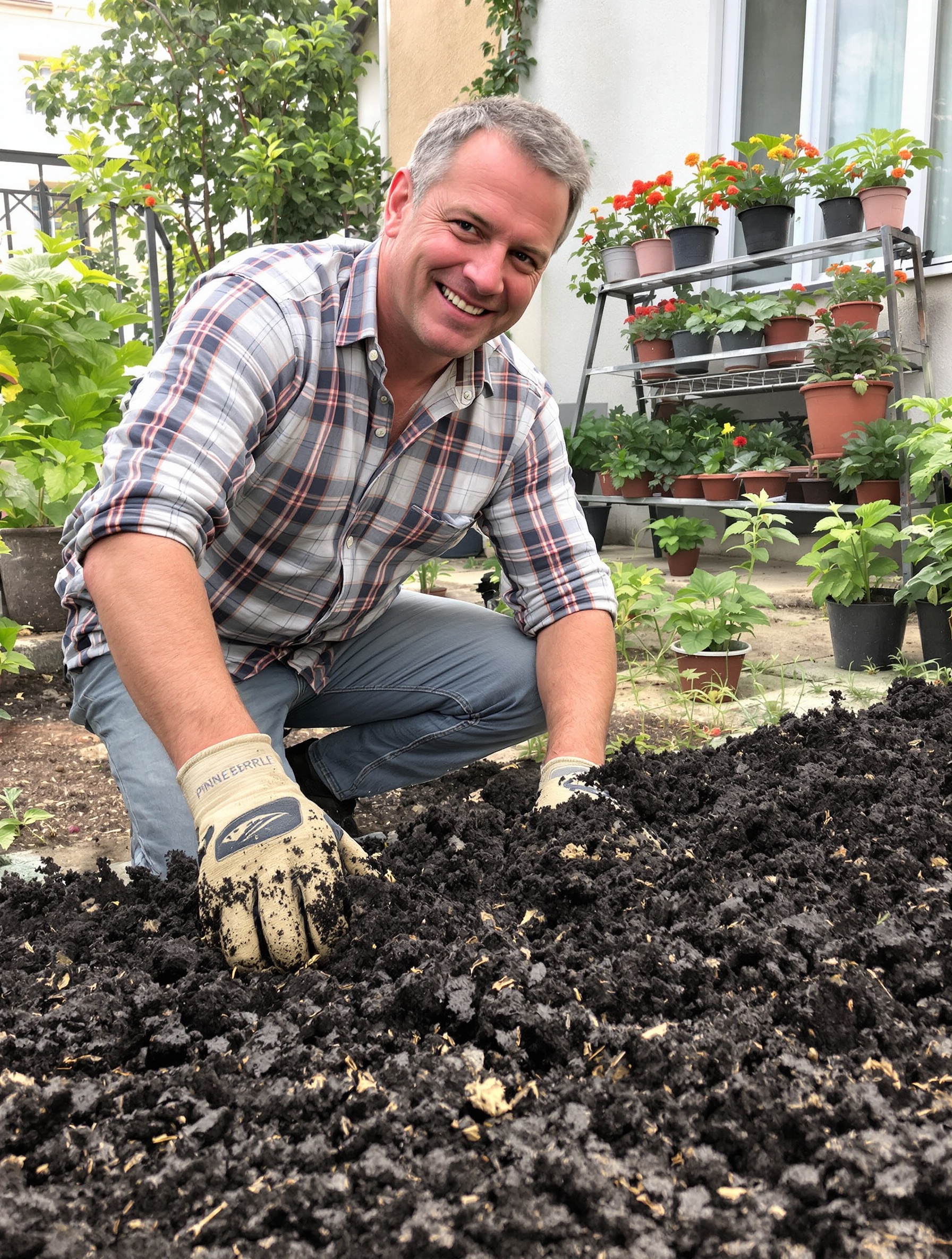Un jardinier sarcastique prépare un sol riche et bien drainé pour des fraisiers ananas. Pots sur balcon en arrière-plan.