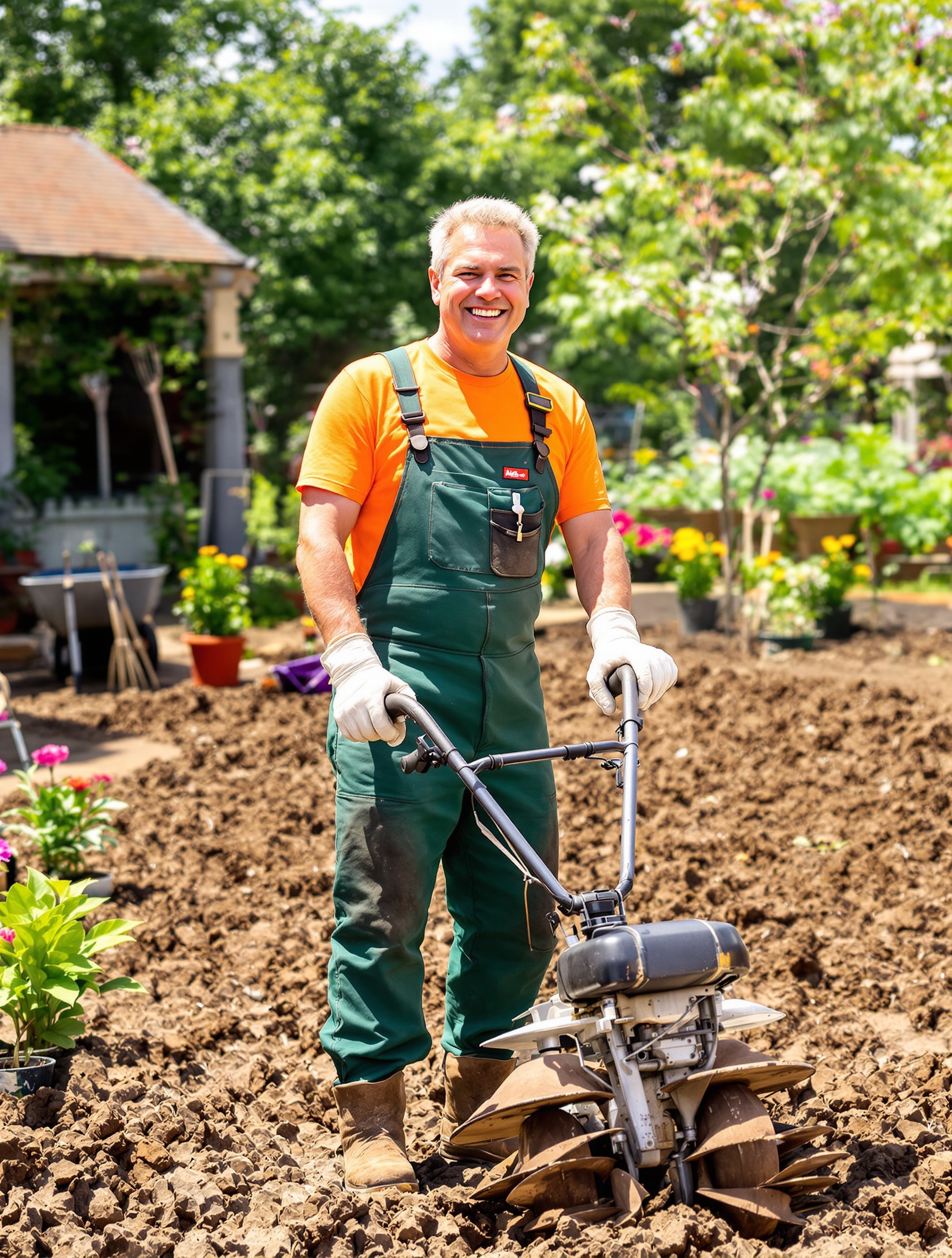 Un jardinier satisfait, clin d'œil malicieux, tenant un motoculteur propre devant un terrain fraîchement travaillé, ambiance légère, couleurs vives, style photo réaliste.