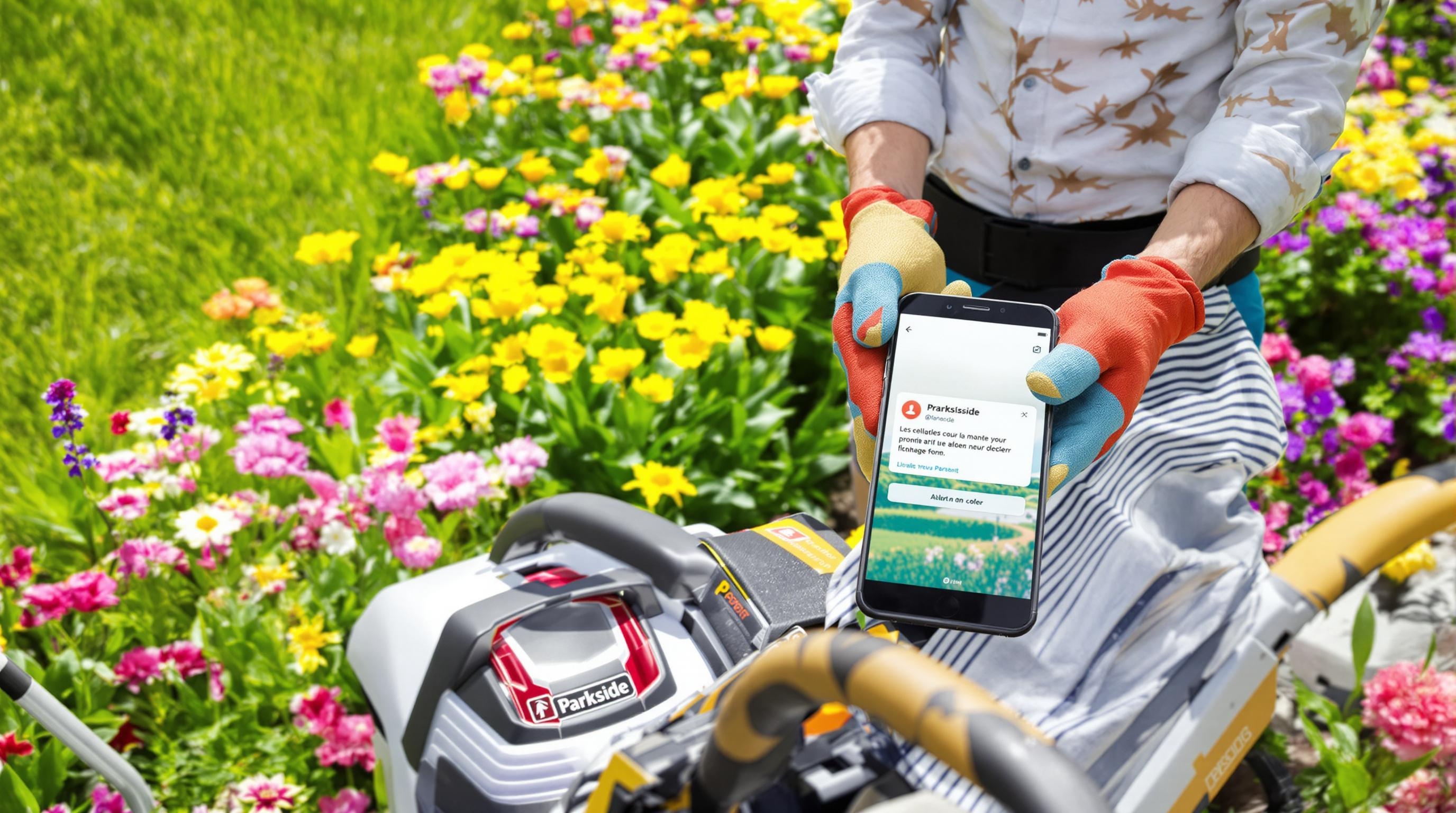 Jardinier recevant une notification de promo pour un broyeur Parkside