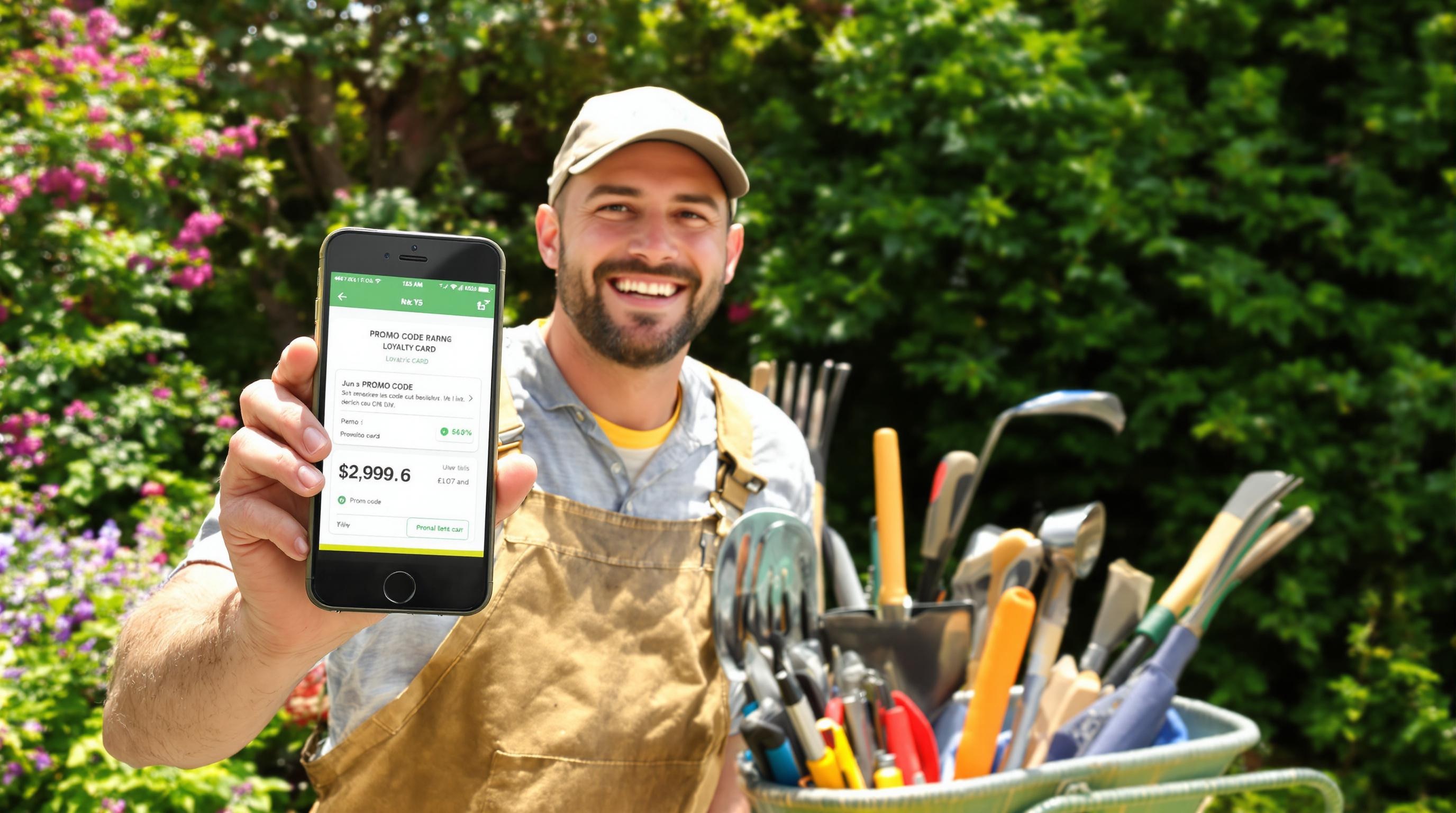 Jardinier montrant un code promo et une carte fidélité