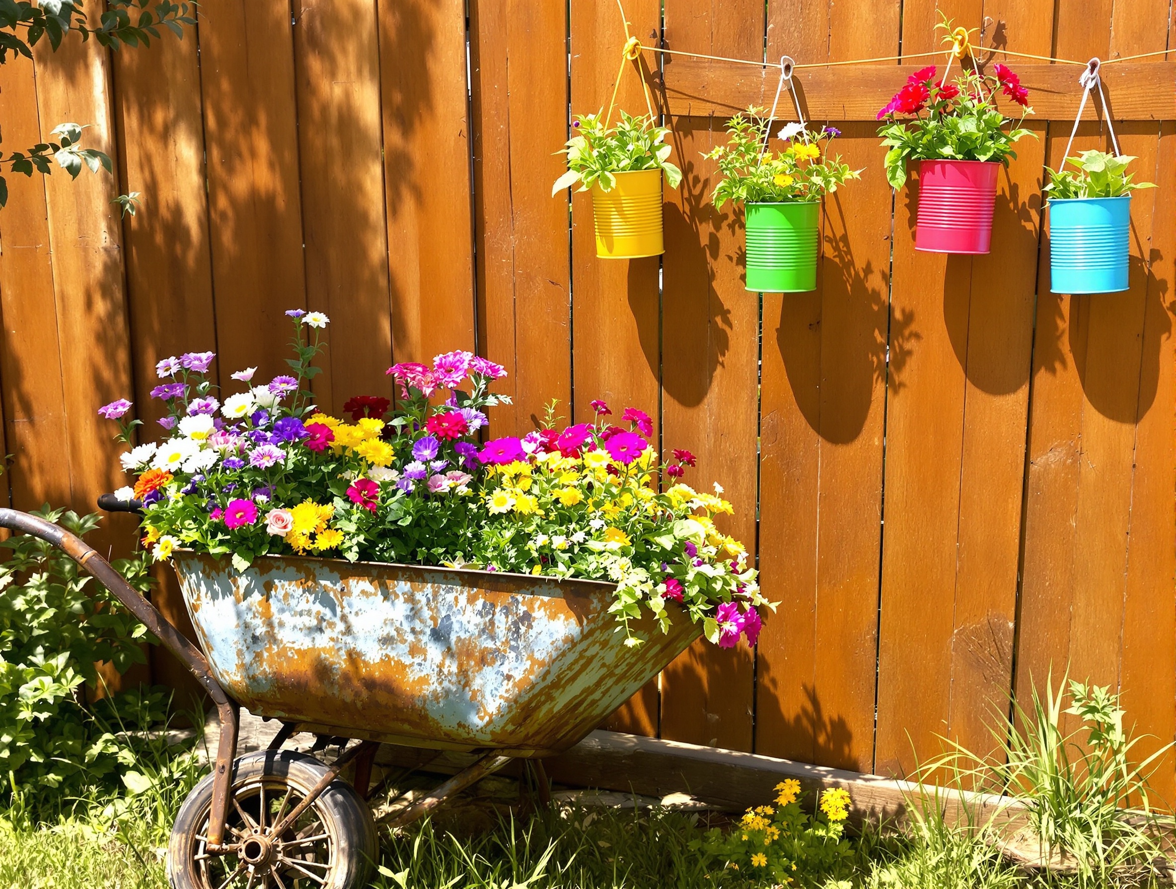 Jardinières DIY originales brouette métal fleurs boîtes conserve peintes suspendues palissade pots aromatiques.
