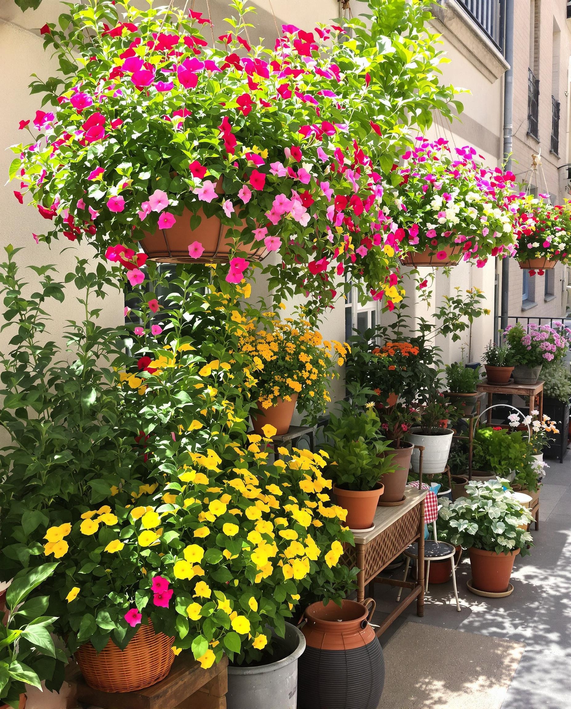 Jardinière urbaine boho chic avec impatiens multicolores en paniers suspendus et pots dépareillés
