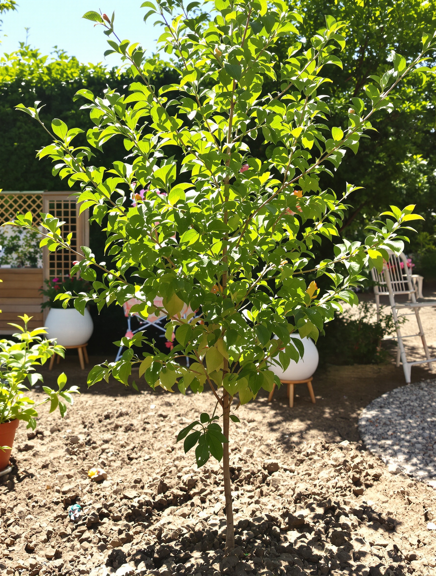 Jeune pêcher fraîchement planté dans un jardin lumineux
