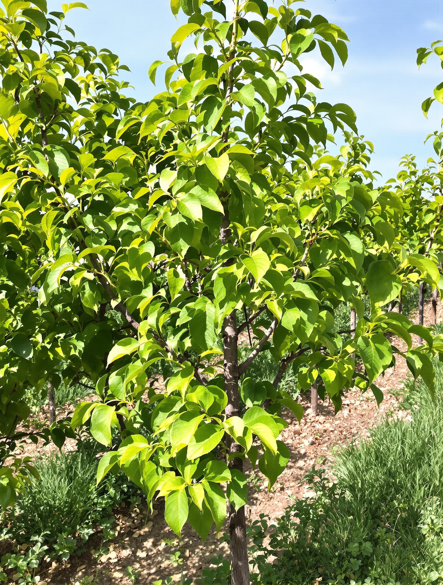 Jeune pêcher de vigne en croissance dans un jardin avec rangées de vignes en arrière-plan.