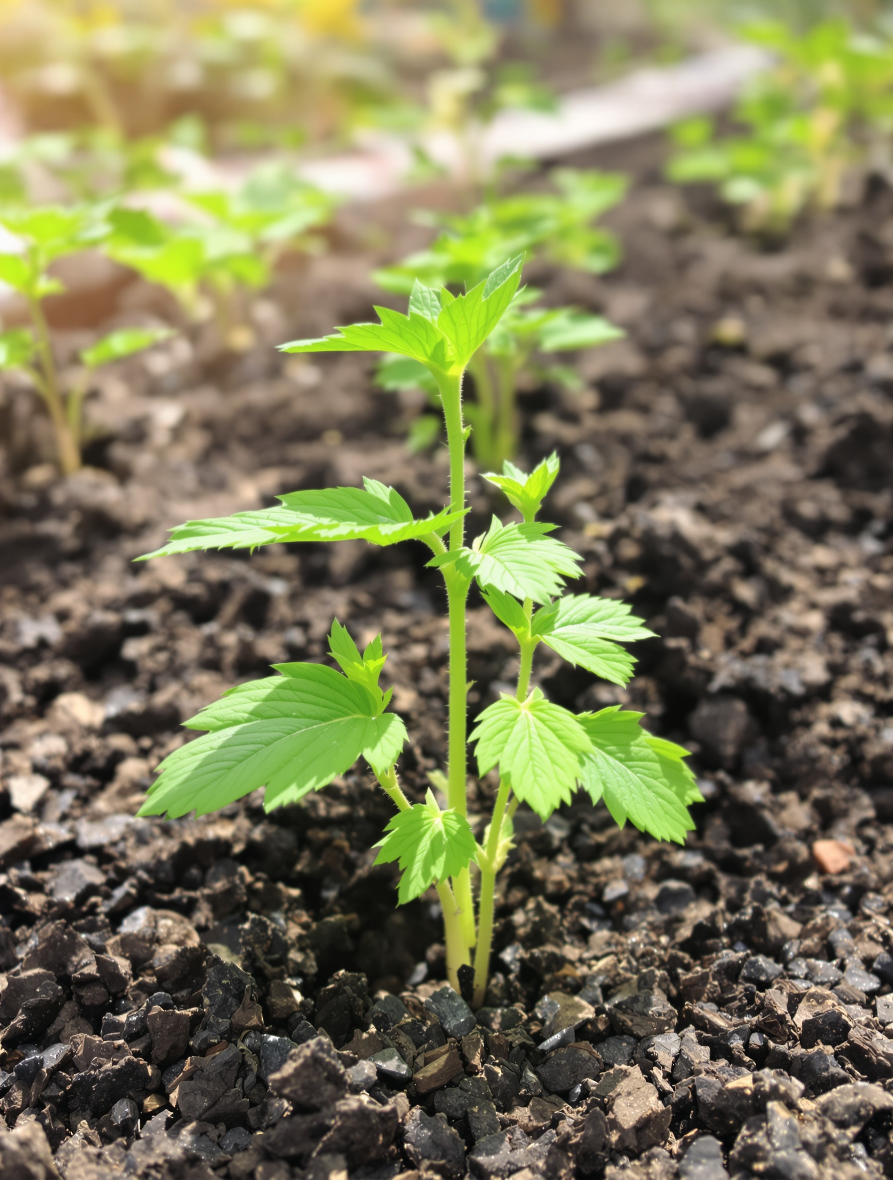 Jeunes framboisiers fraîchement plantés au début du printemps sur sol meuble et frais