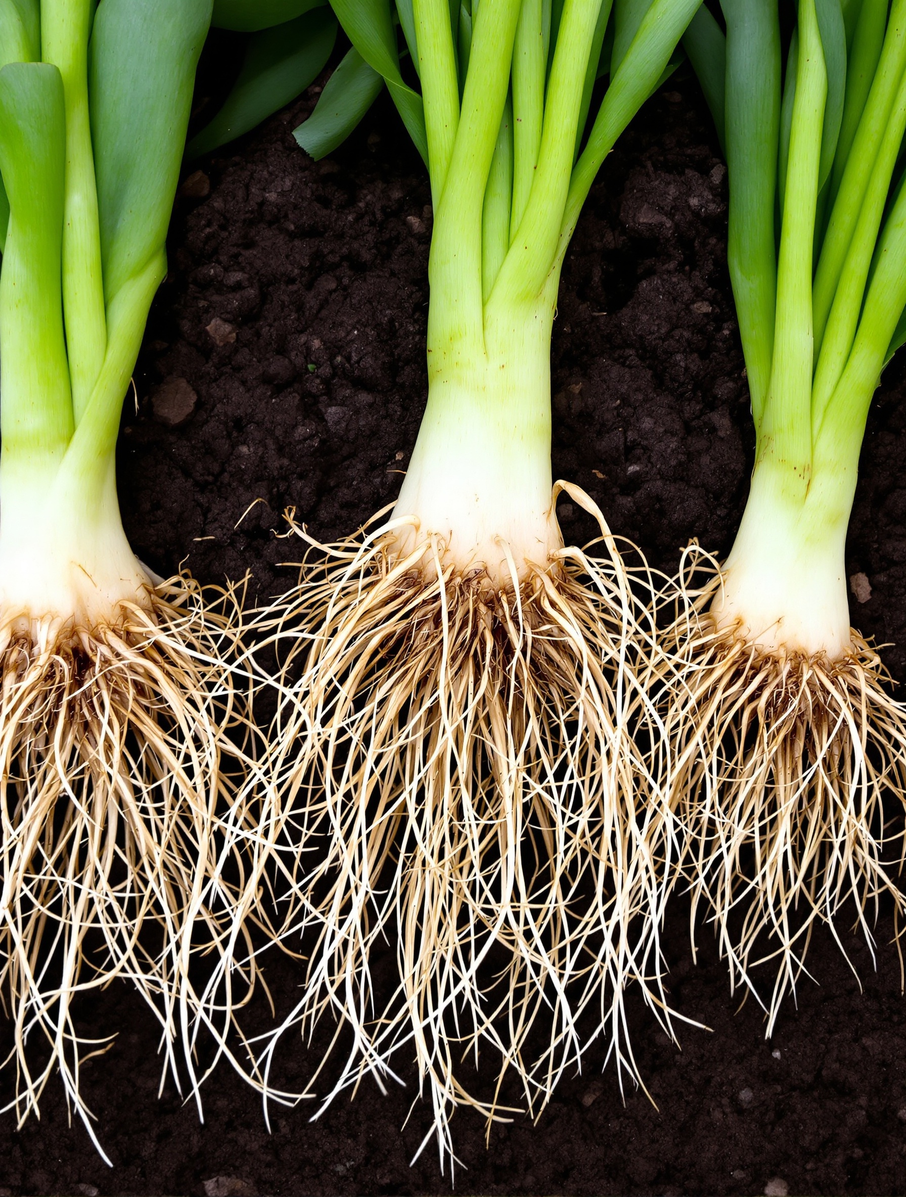 Jeunes plants de poireaux prêts à être repiqués avec une belle densité racinaire.