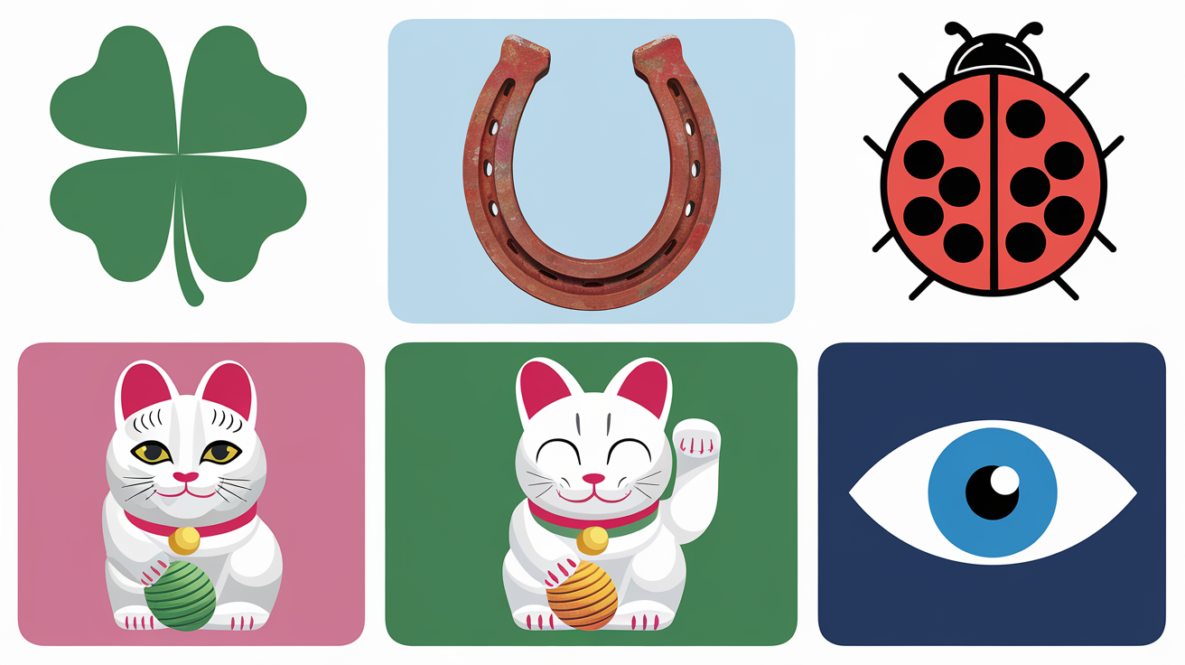 Kit graphique de porte-bonheur - trèfle, fer à cheval, coccinelle, Maneki-Neko, oeil grec