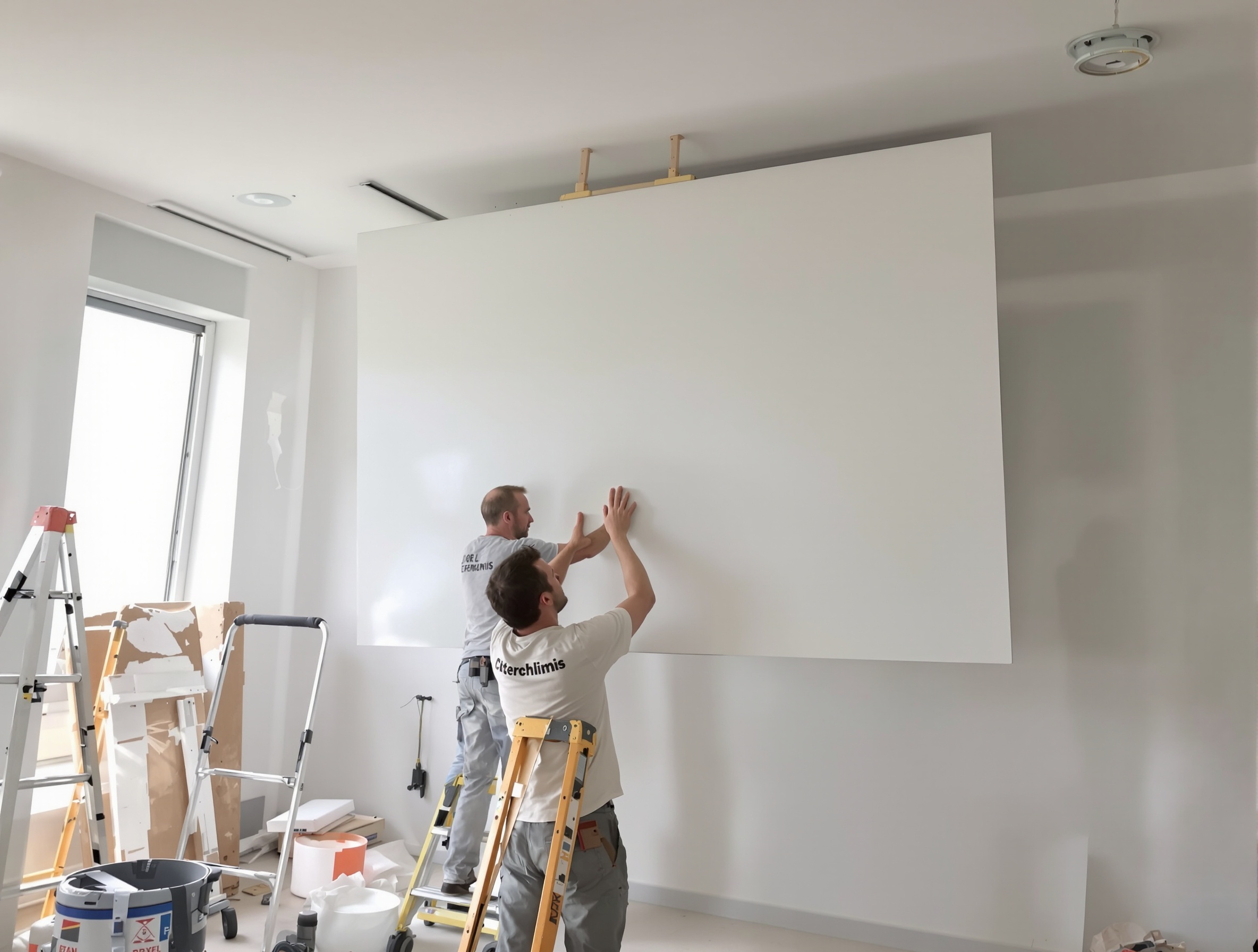 Un lève-plaque en pleine action, facilitant la pose d'une plaque de plâtre au plafond, démontrant sa capacité à atteindre et maintenir la plaque en position sans effort excessif.