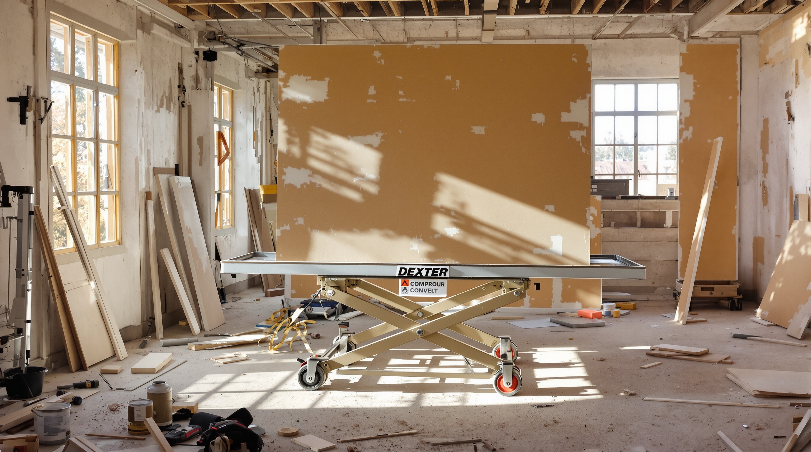 Lève-plaque Dexter prêt à lever une plaque de plâtre centrée