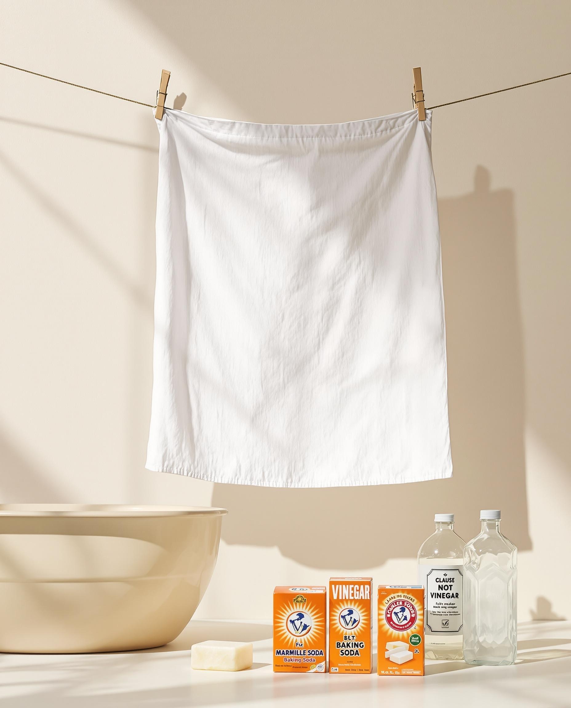 Linge blanc suspendu après un traitement DIY avec savon, bicarbonate et vinaigre