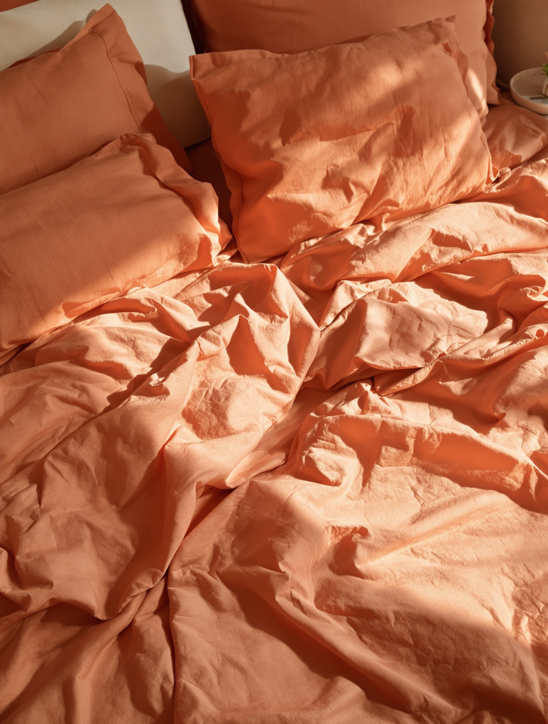 Un lit joliment défait avec une parure de lit en gaze de coton terracotta, éclairé par la lumière du matin.