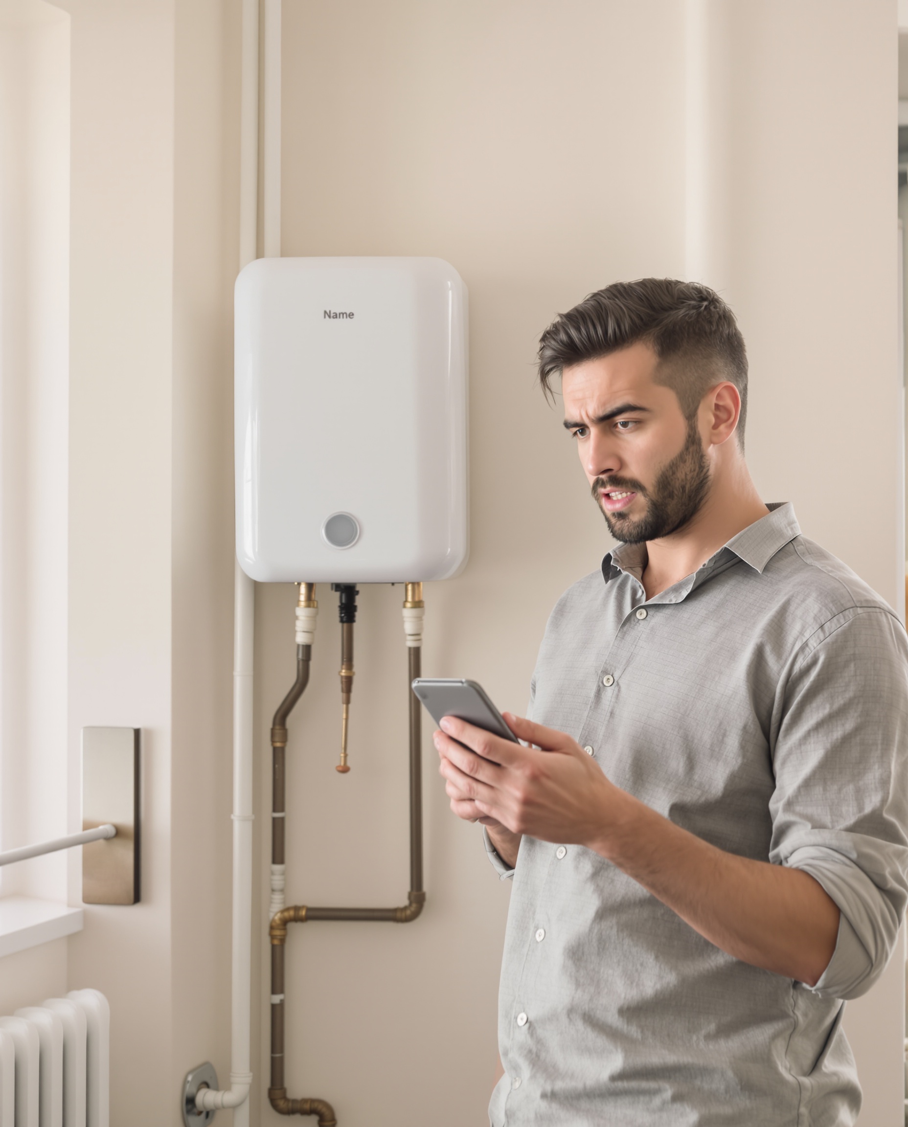 Locataire dubitatif devant son chauffe-eau avec smartphone