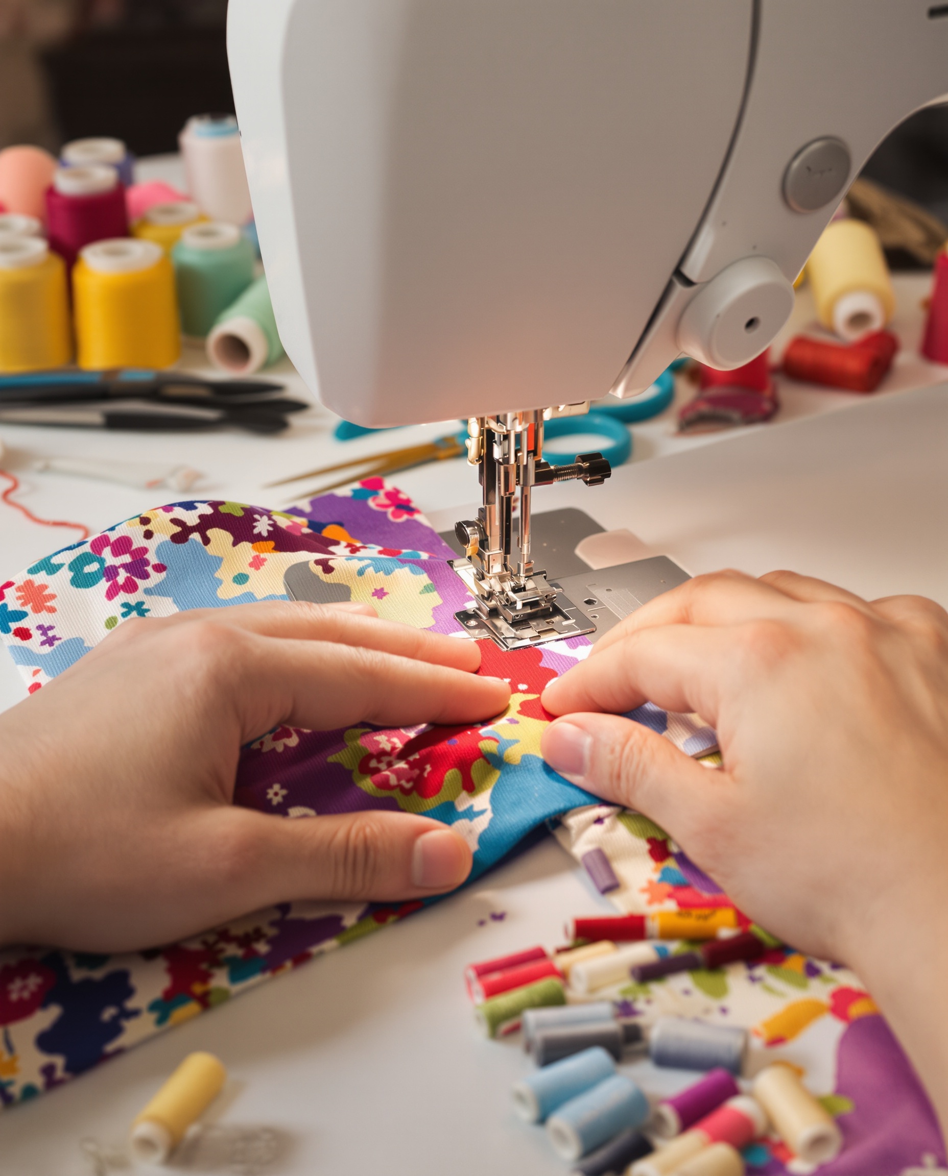 Plan serré machine à coudre en action mains tissu coloré bobines fil découd-vite ciseaux