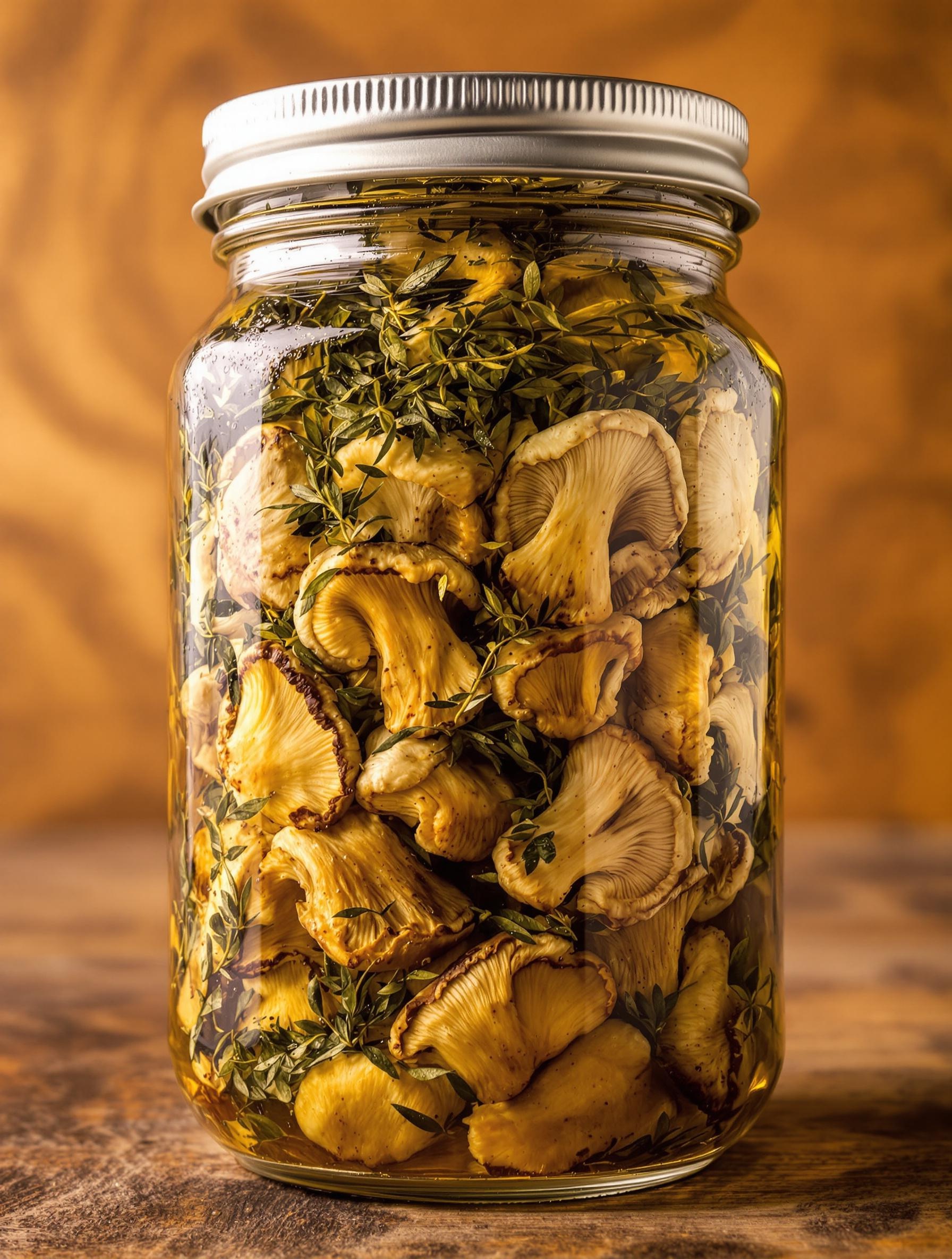 Bocal artisanal contenant des cèpes des pins conservés dans l’huile avec des herbes aromatiques