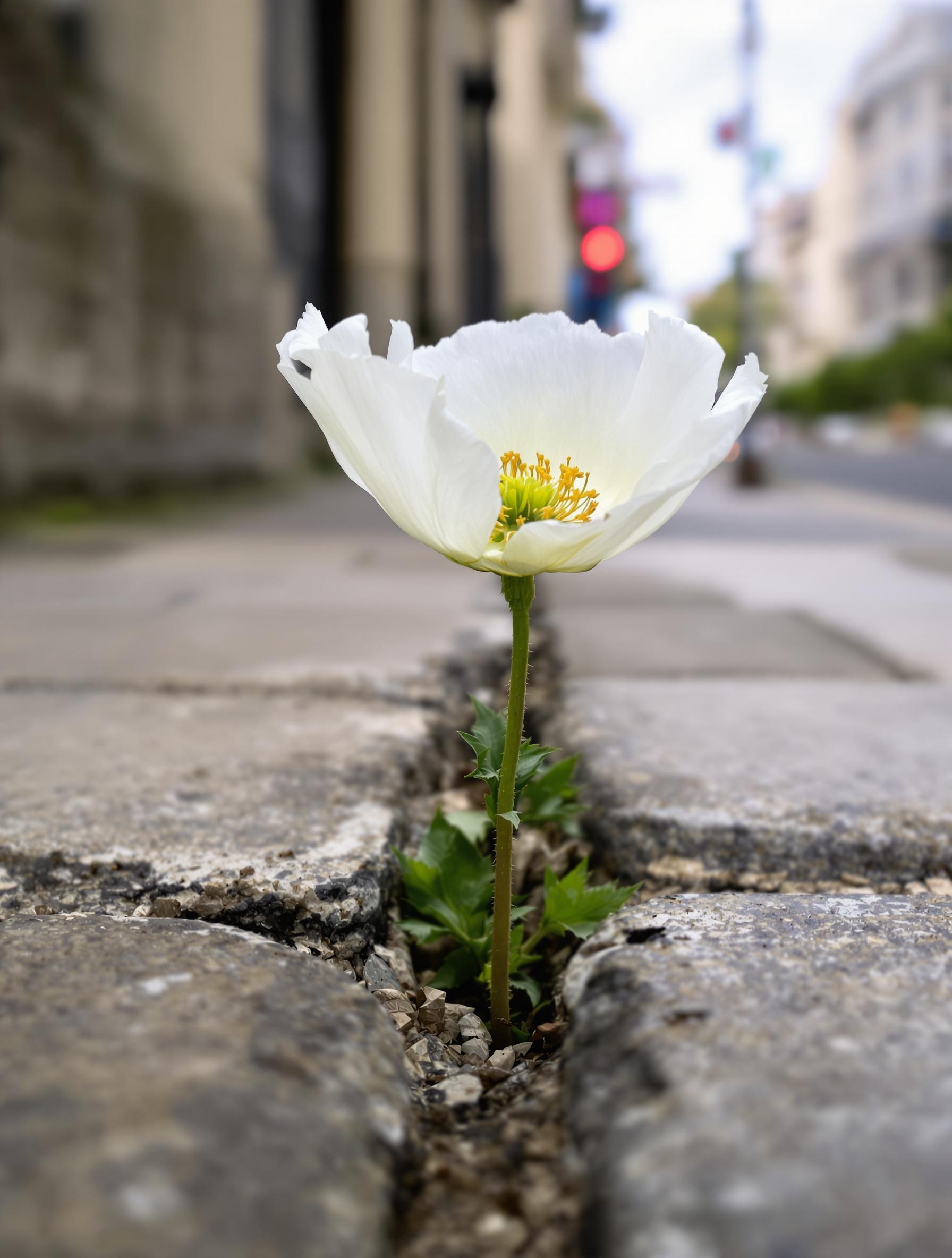 Coquelicot blanc sauvage poussant dans une fissure de trottoir à Paris