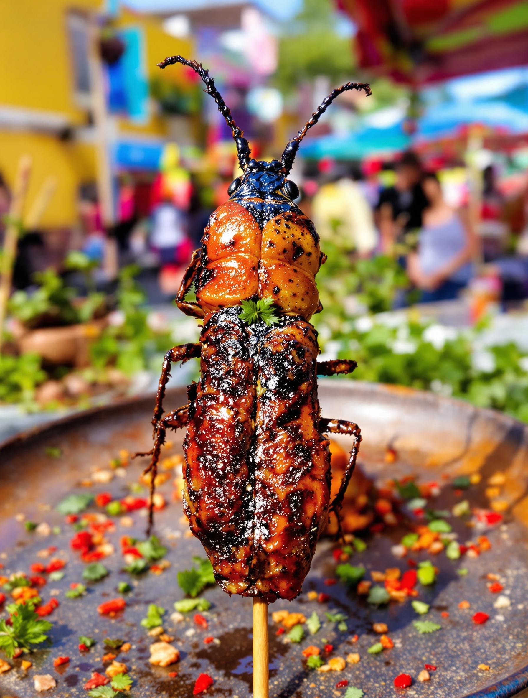 Cybister rôti sur une brochette dans un marché au Mexique