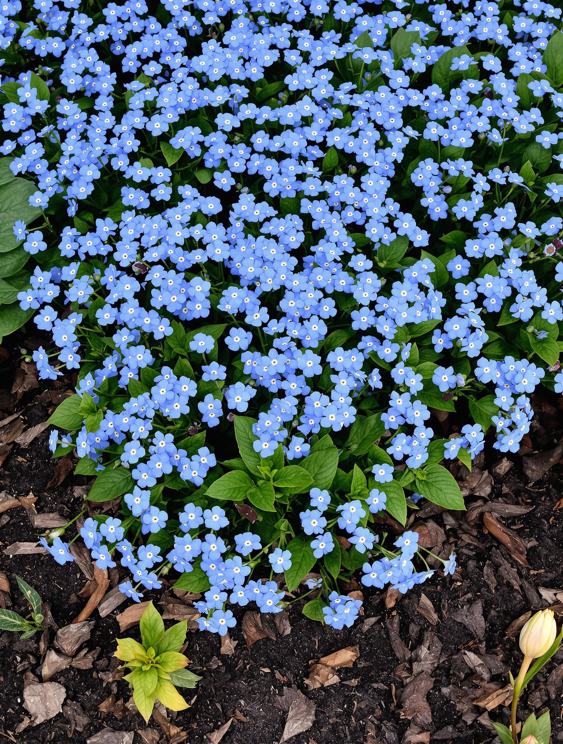 Massif de myosotis avec paillage feuilles mortes, brunnera macrophylla, tulipes