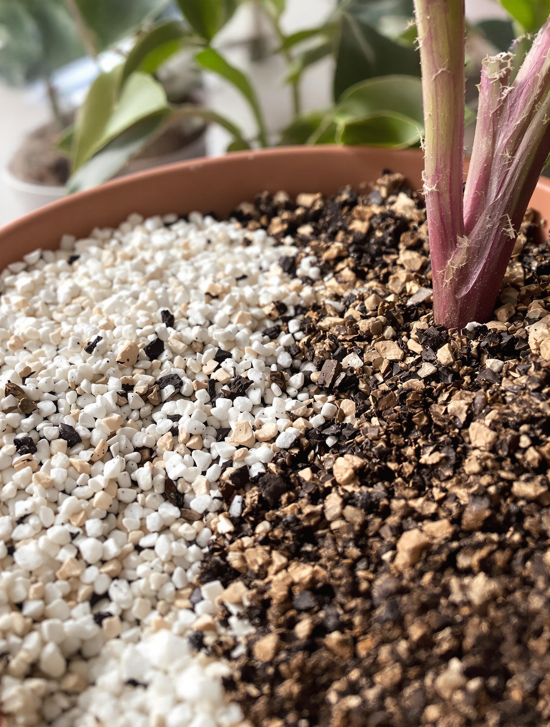 Zoom sur le mélange terreau et perlite pour racines de Tradescantia zebrina