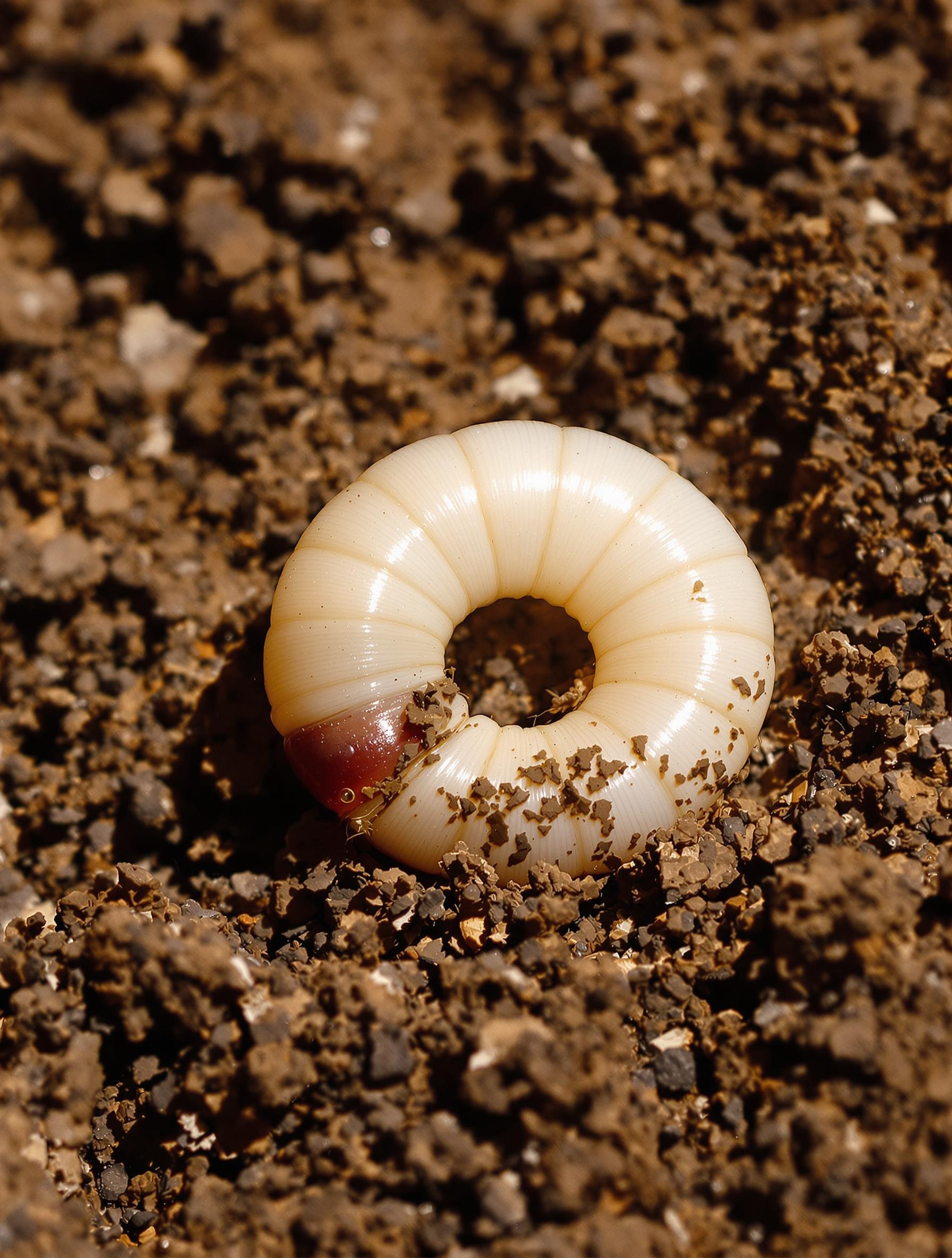 Macro d’un ver blanc recourbé en C sur terre meuble détail tête rousse
