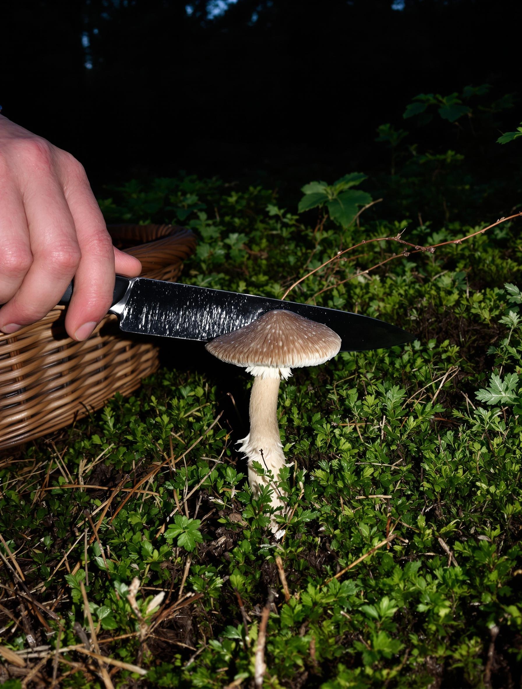 Cueillette responsable de l'Hygrophore de mars avec couteau et panier dans une forêt