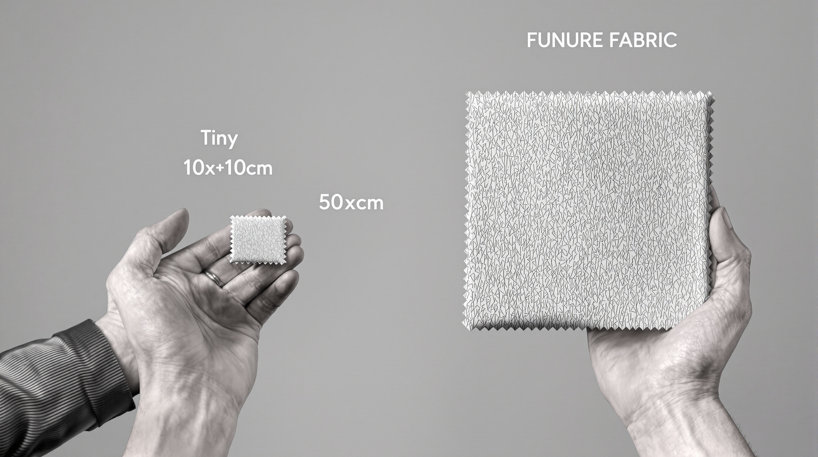 Comparaison entre une main tenant un petit coupon de tissu (10x10 cm) et une autre main tenant un grand coupon (50x50 cm) – la différence est évidente pour tout projet couture.
