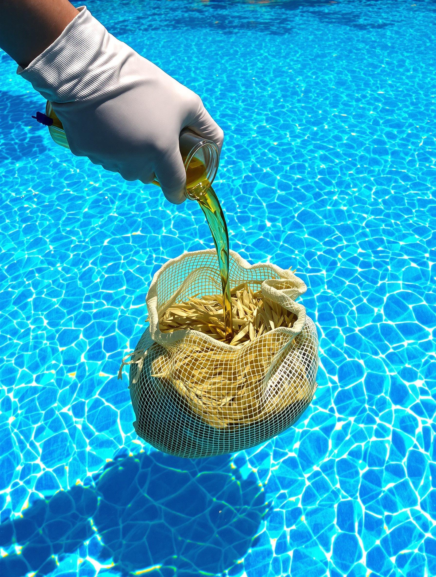 Main gantée versant du thé de compost dans une piscine avec sachet paille d'orge flottant.