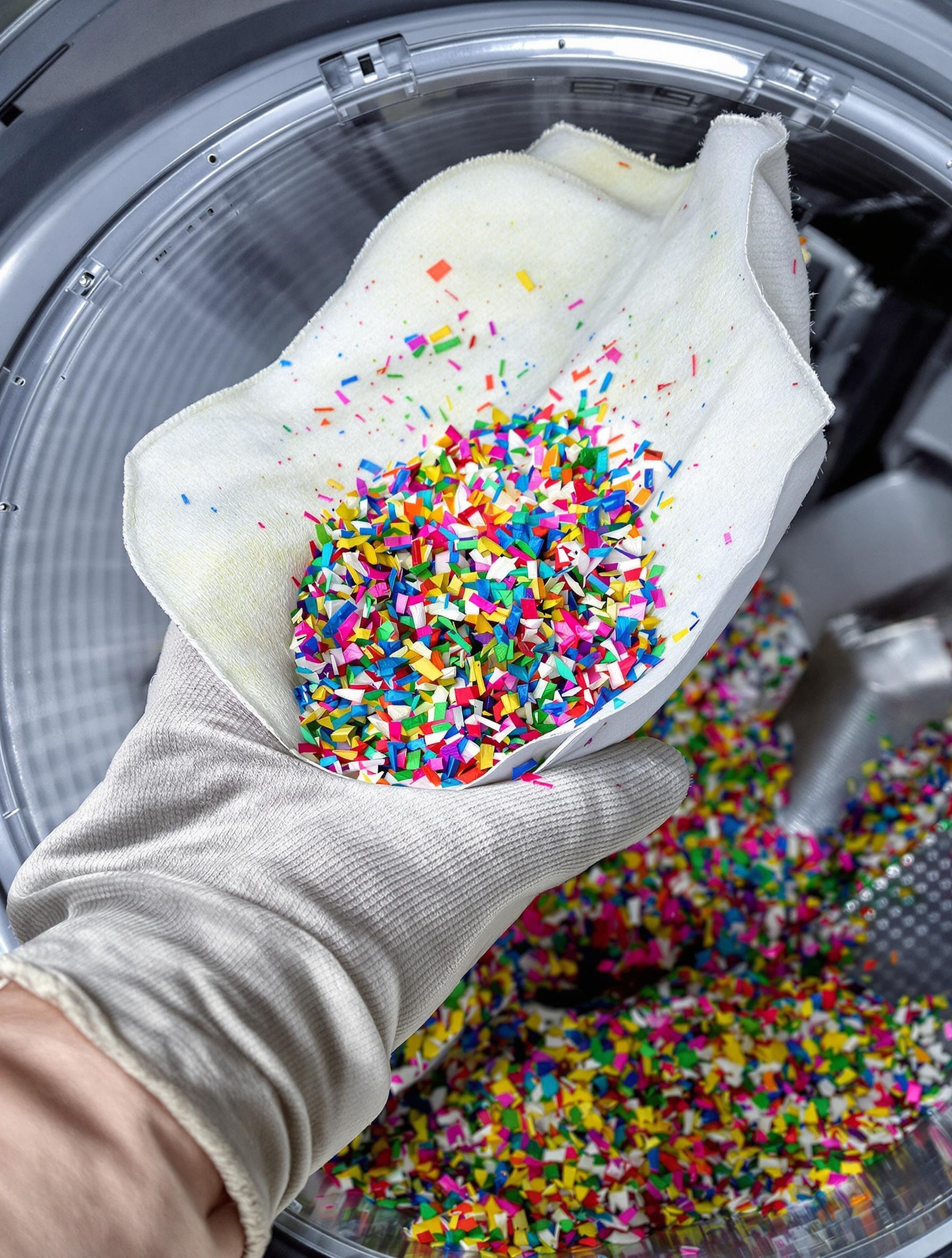 Une main retire un filtre à peluches d'un sèche-linge à pompe à chaleur, plan serré sur le filtre rempli de fibres.