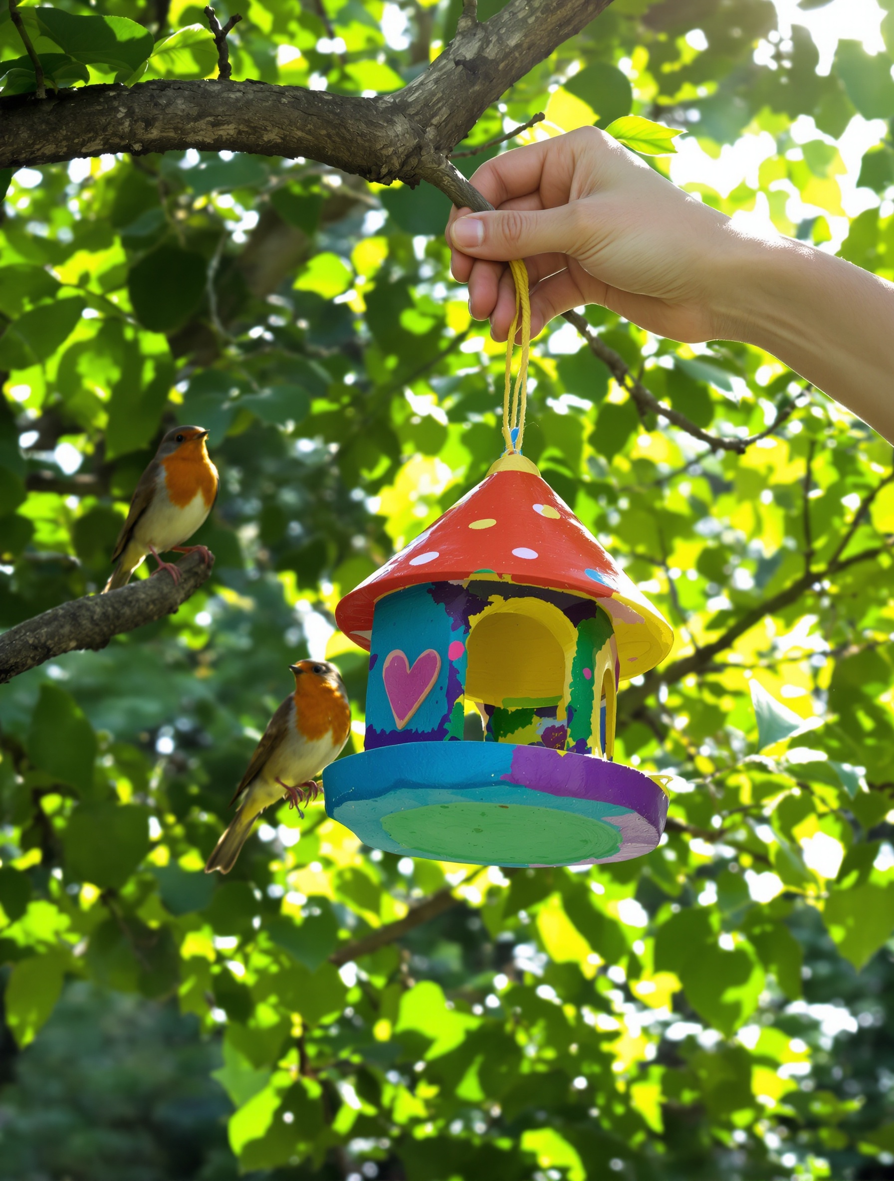 Mangeoire DIY accrochée dans un jardin avec un rouge-gorge