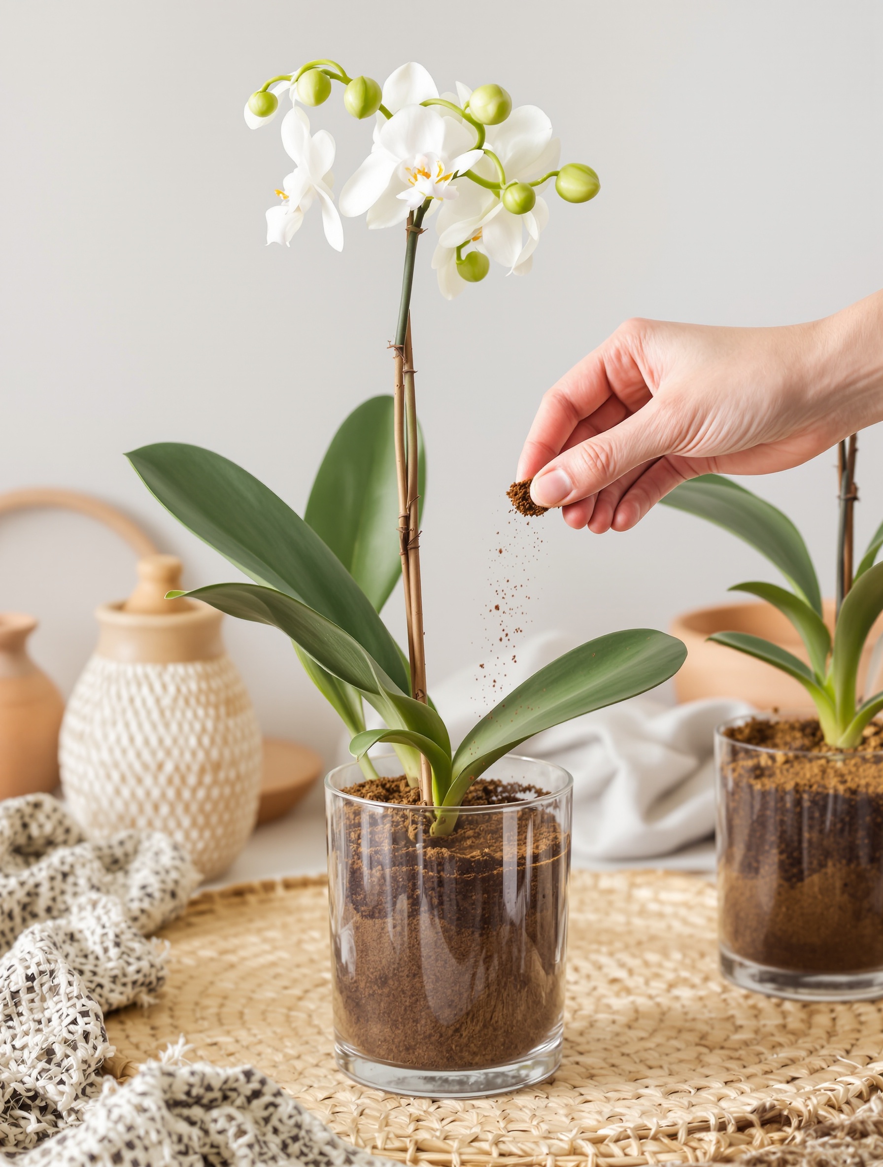 Application fine de marc de café séché sur le substrat d'une orchidée Phalaenopsis en pot transparent, avec une séparation nette entre les zones avec et sans marc.