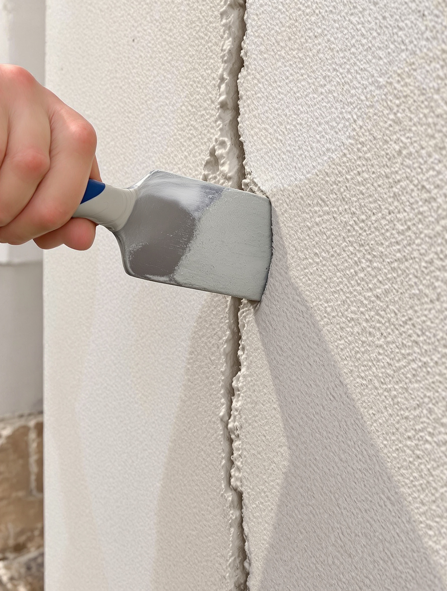 Application de mortier pour réparer une fissure sur une façade à l’aide d’une spatule