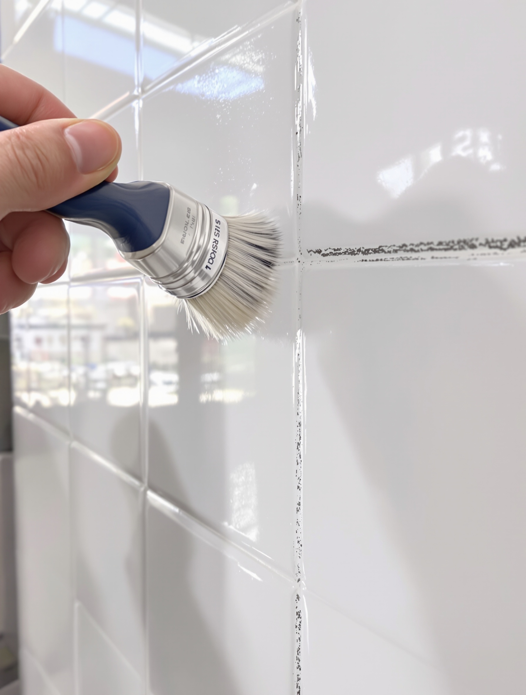 Gros plan application peinture brosse à rechampir joints carrelage salle de bain