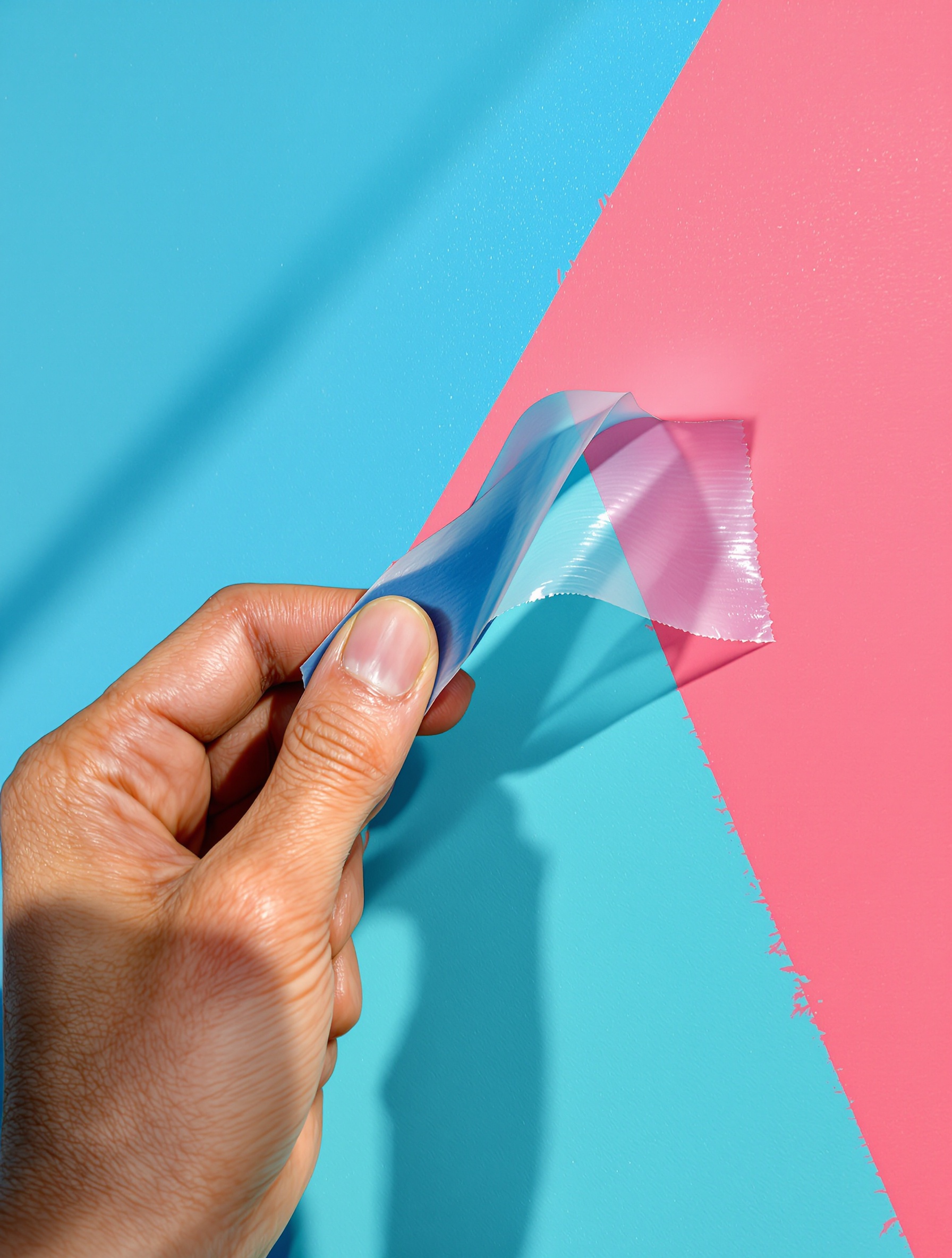 Retrait suspense ruban masquage triangle peint encore humide.