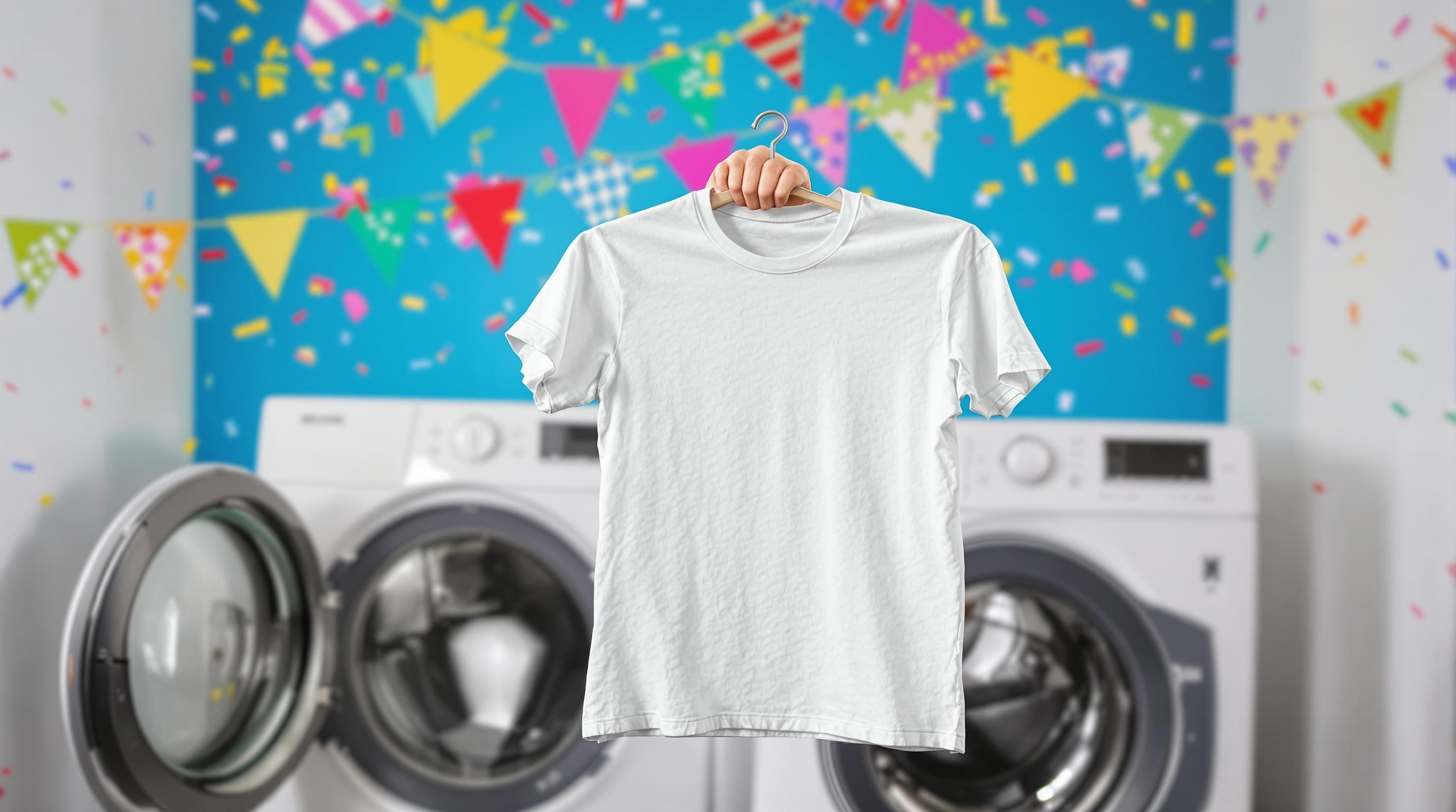 Main tenant un t-shirt sec devant deux sèche-linges.