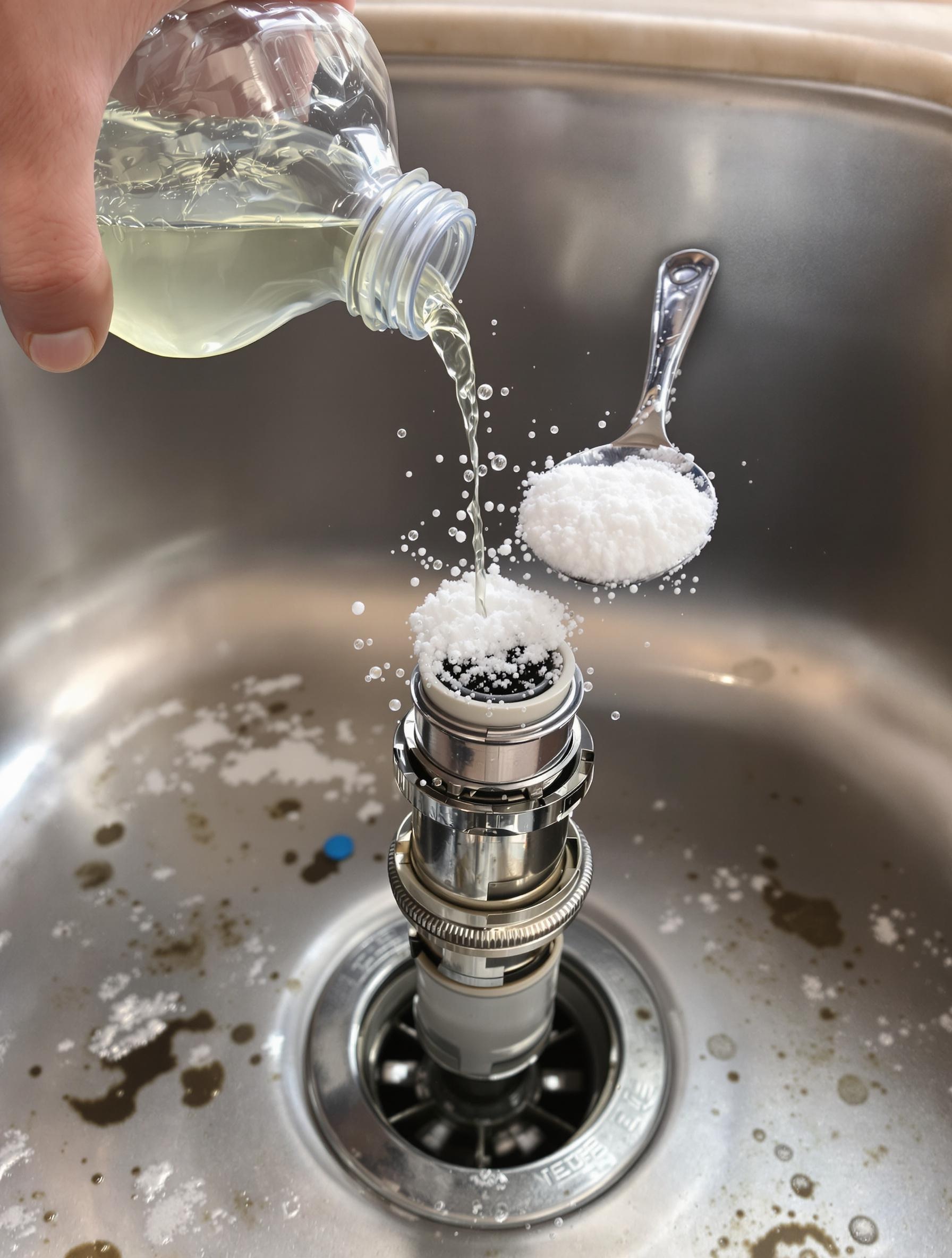 Versement vinaigre blanc bicarbonate siphon évier démonté