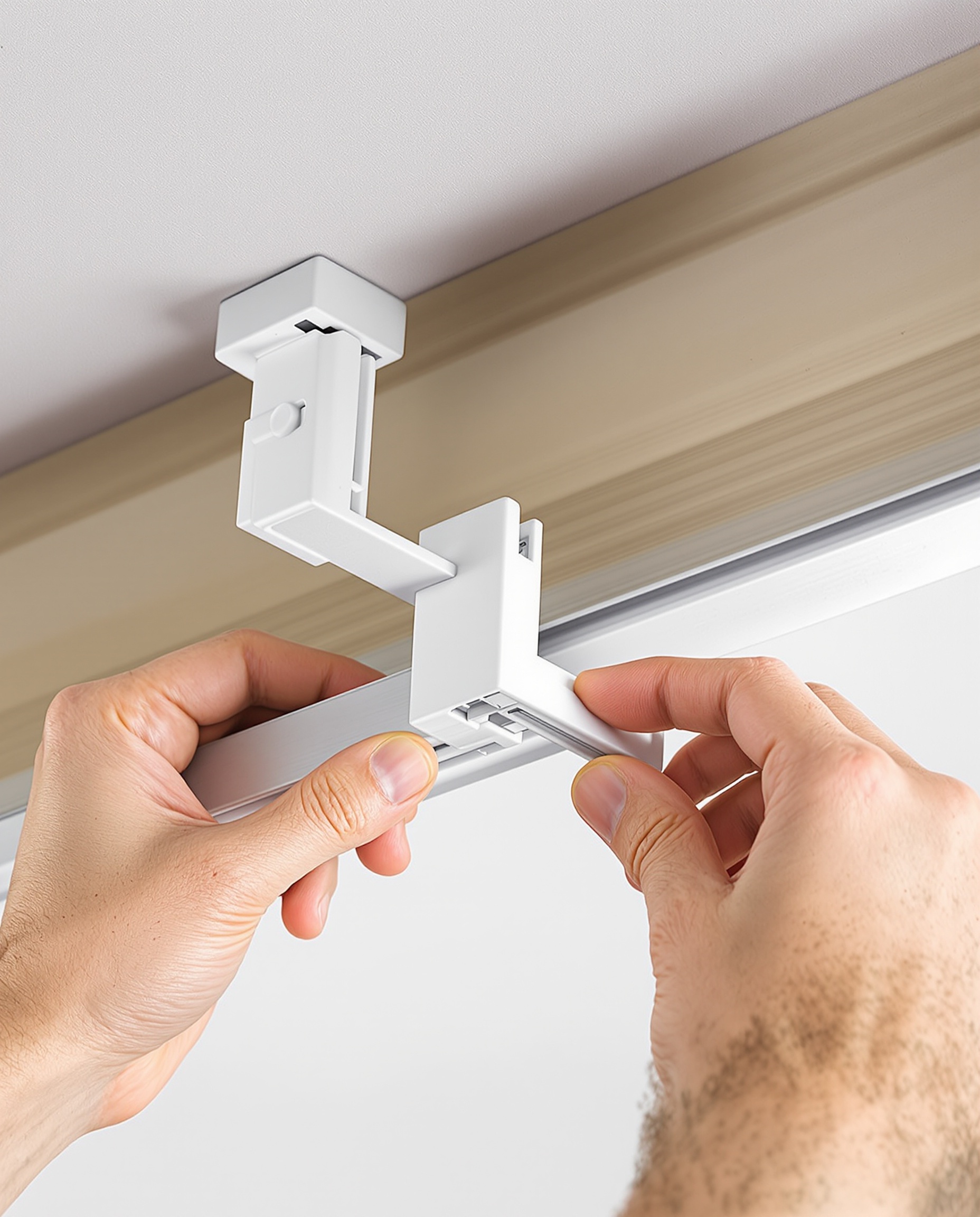Gros plan sur des mains clipsant un rail en aluminium blanc sur un support vissé au plafond.